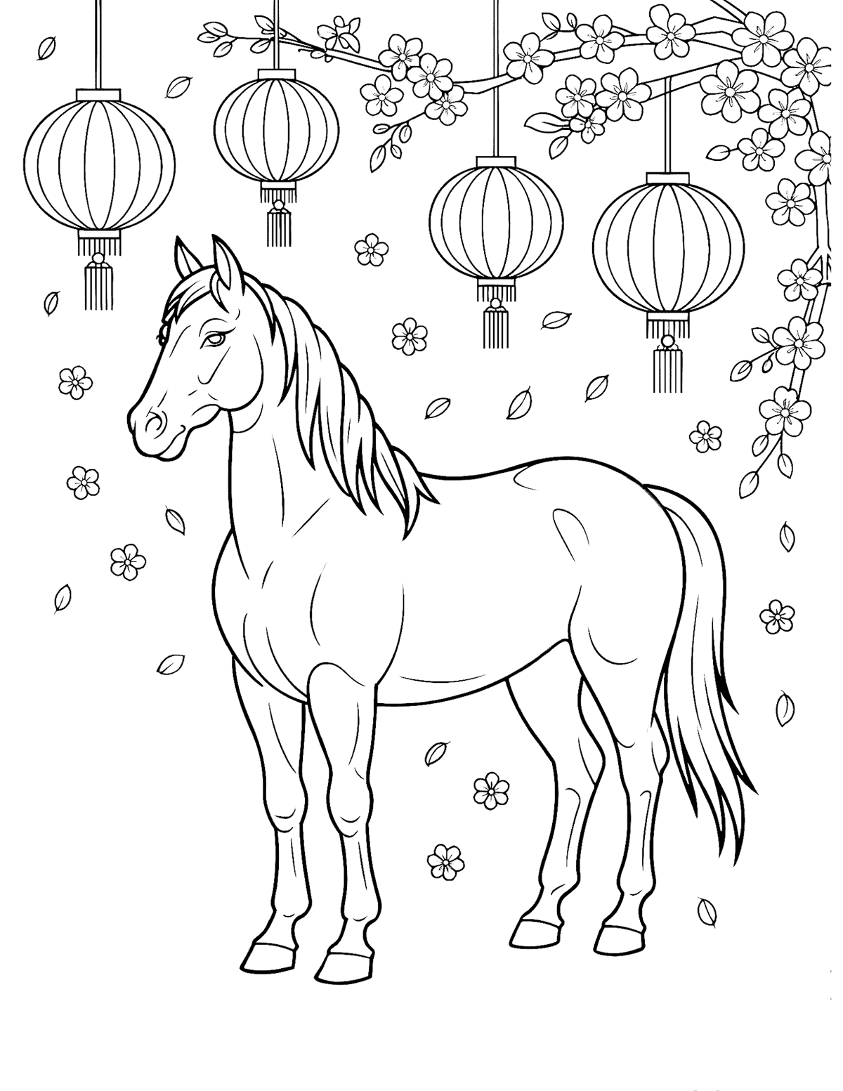 a standing horse with hanging lanterns above and cherry blossom branches, flowers, and falling leaves around it.