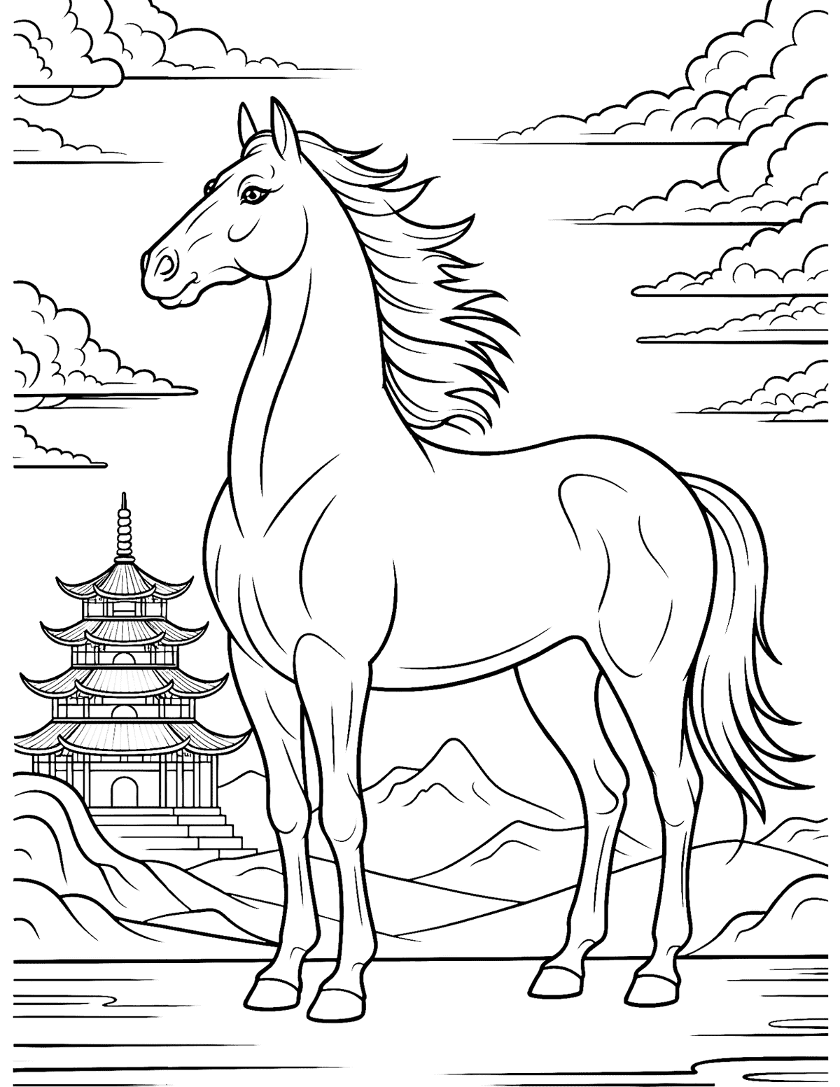 landscape coloring page with a large horse in the foreground, layered mountains, clouds, and a multi-level pagoda on the left.