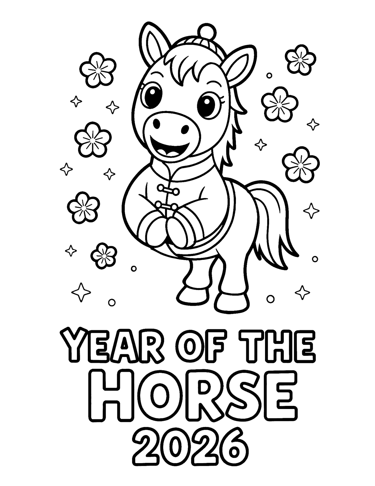 cute horse in a traditional outfit, surrounded by flowers and sparkles, above the words “YEAR OF THE HORSE 2026.”