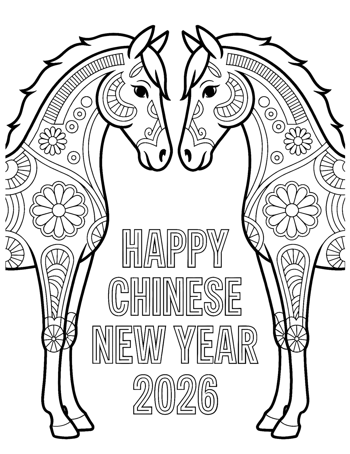 two ornate horses facing each other and the words “HAPPY CHINESE NEW YEAR 2026” in the center.