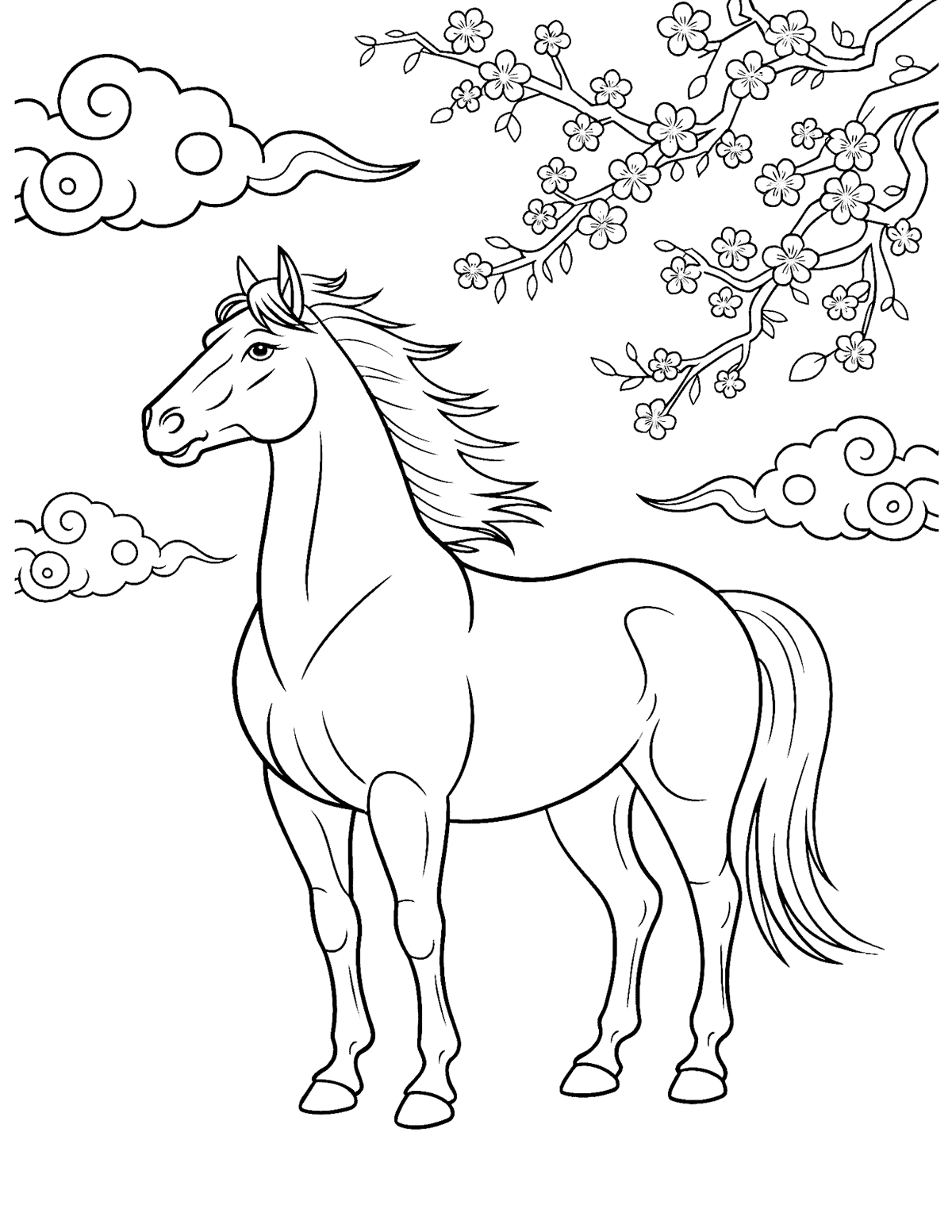 coloring page of a horse with a blowing mane, stylized clouds, and a flowering cherry blossoms in the top right corner.