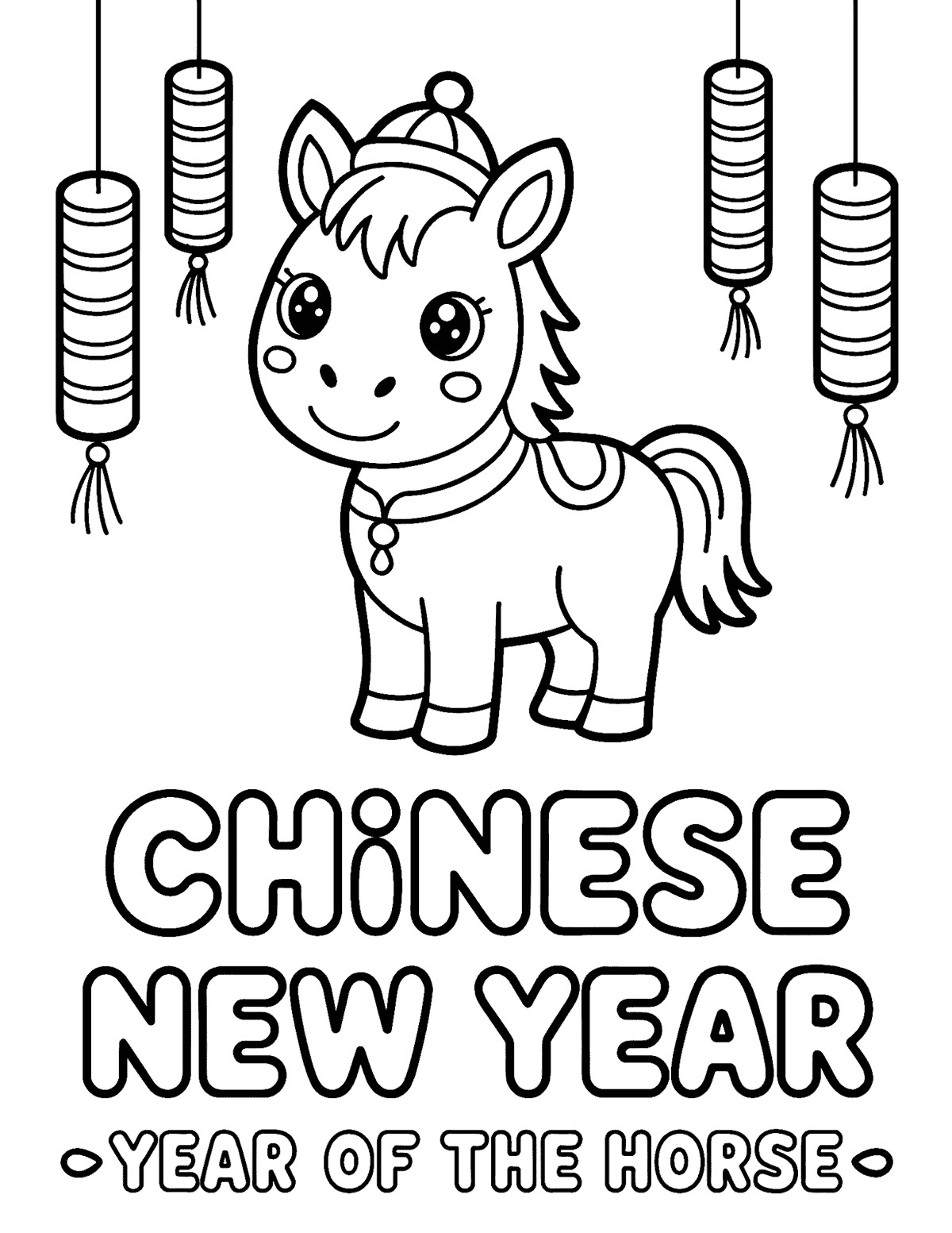 cute horse under hanging lanterns.