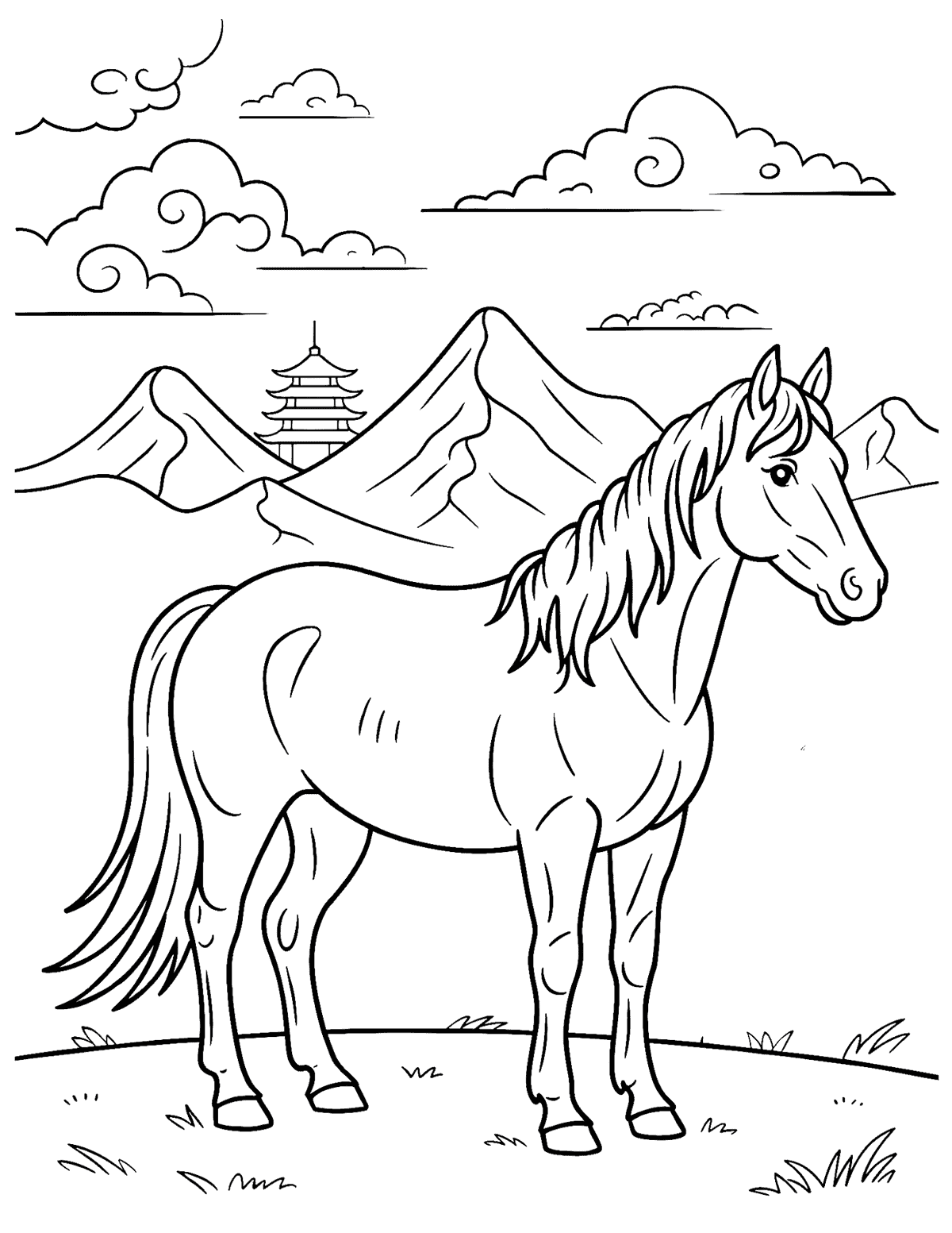 horse scene coloring page with mountains, clouds, a pagoda in the background.