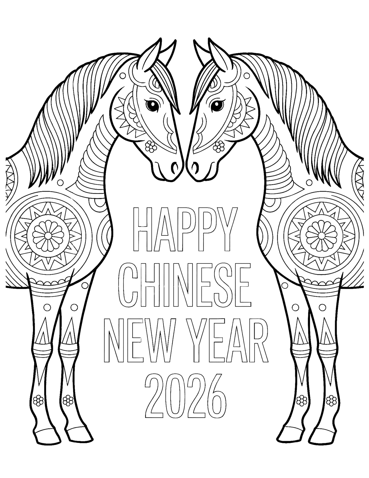 two mirrored patterned horses facing inward.