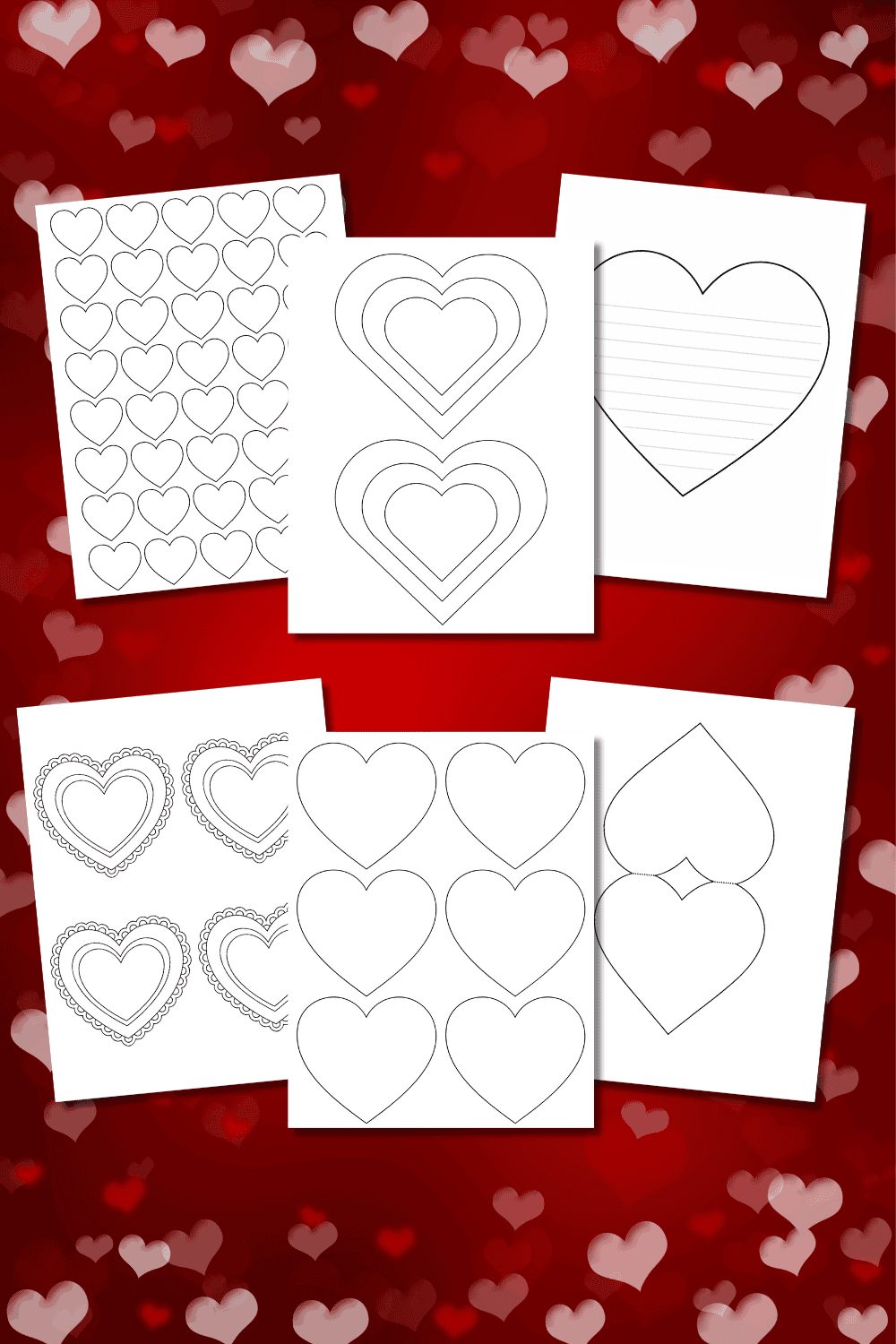 Pages of free printable heart templates on a red background with floating hearts.