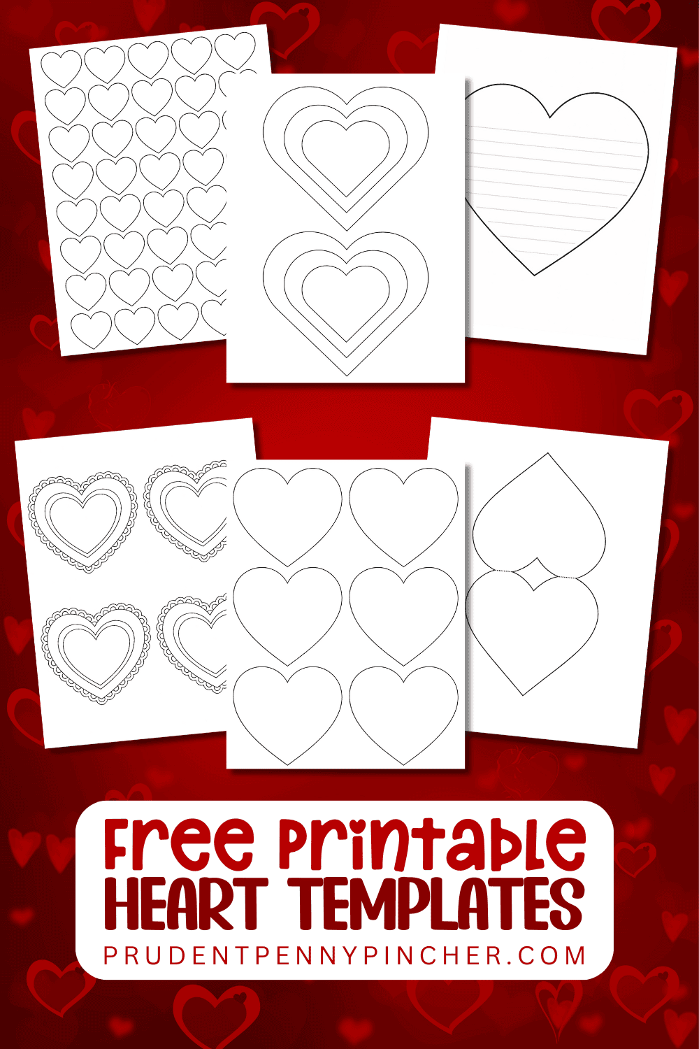 A collage of free printable heart templates for kids on a red Valentine background.