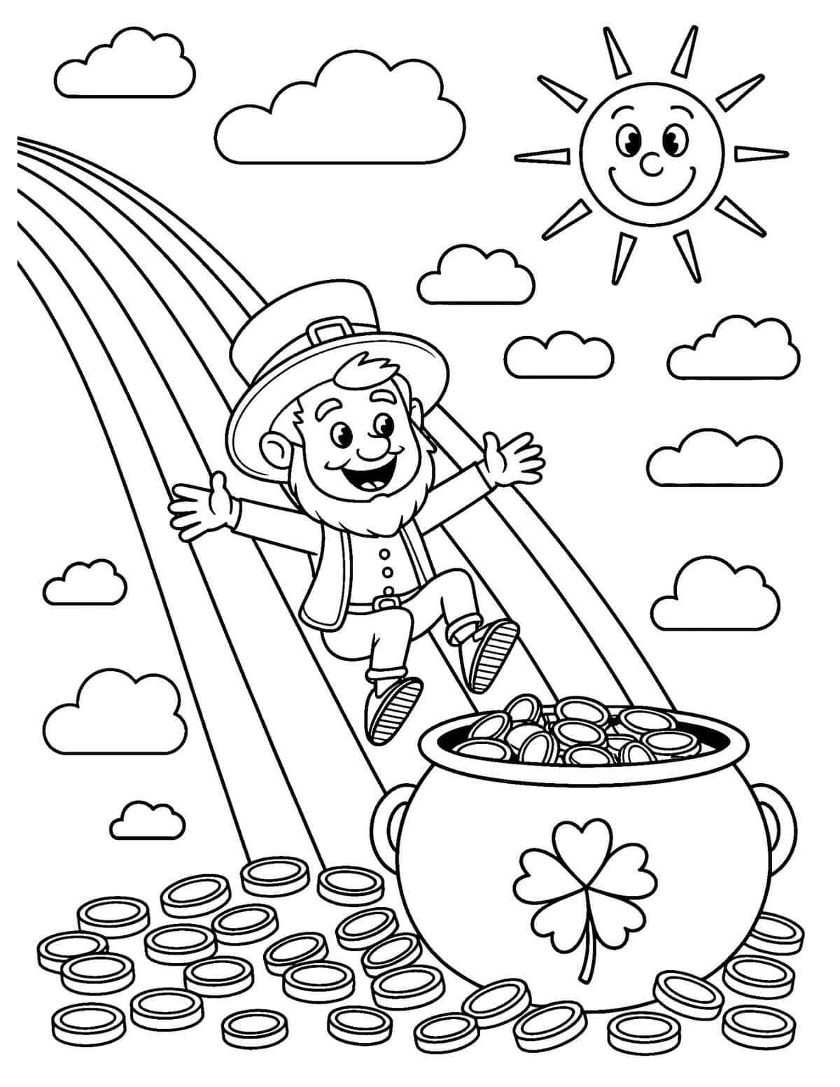 leprechaun sliding down a rainbow into a pot of gold