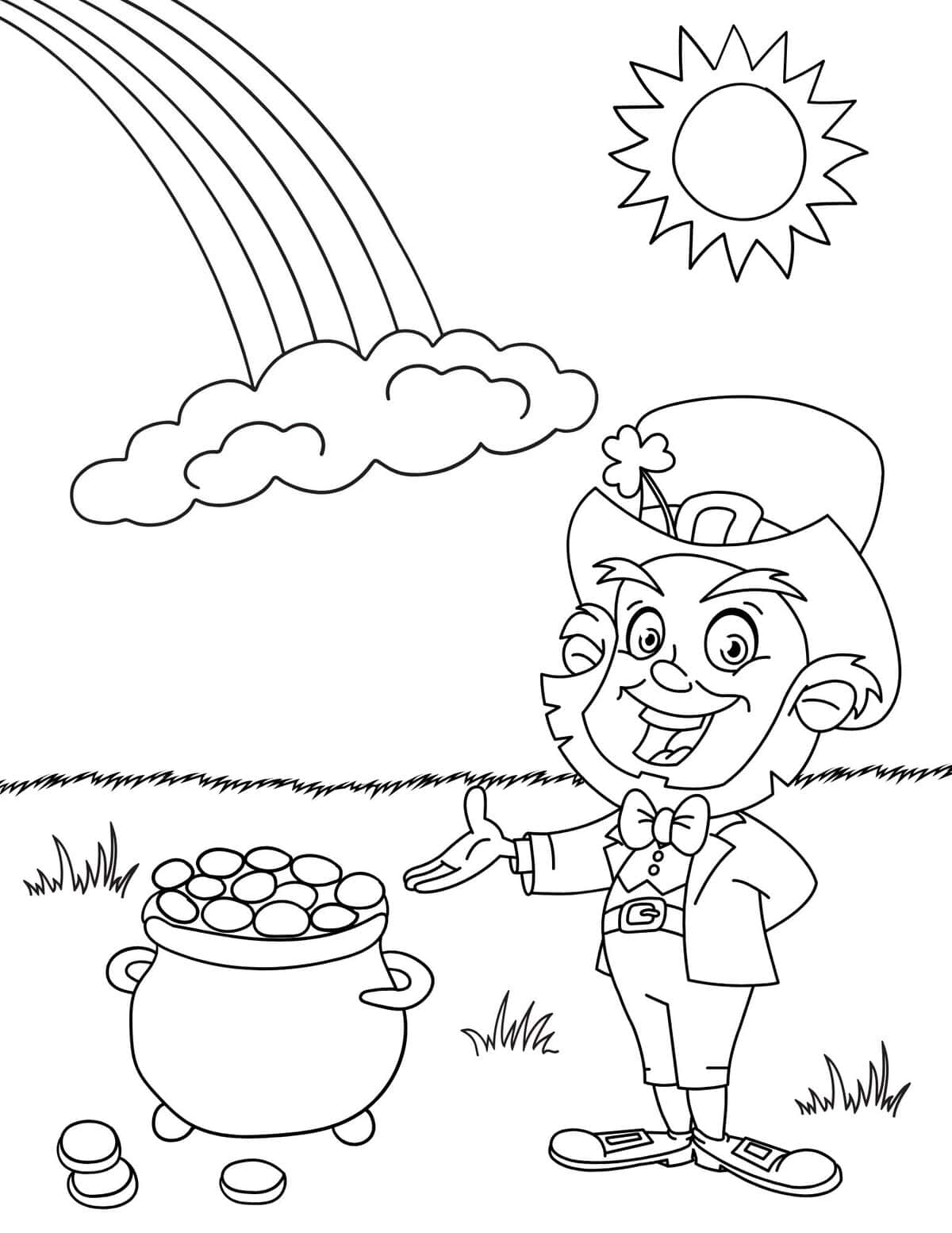 leprechaun pointing at a pot of gold with coins