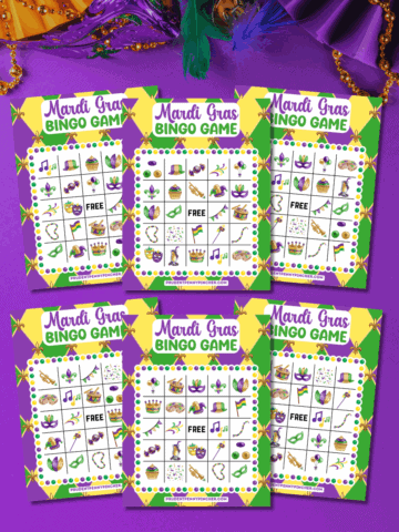 Free printable Mardi Gras Bingo games on purple background.