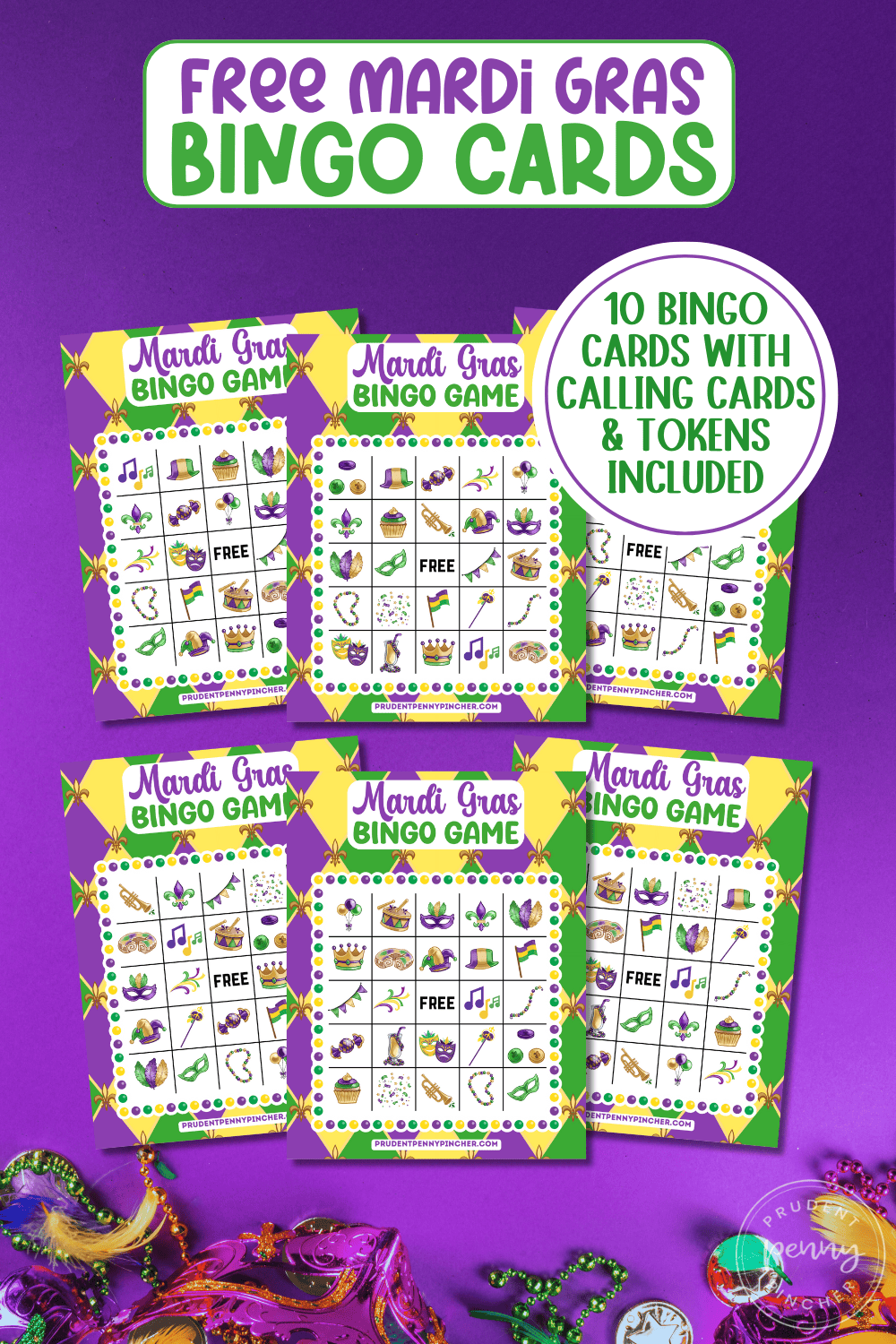 Mardi Gras bingo cards on a background with Mardi Gras masks, beads, and feathers.