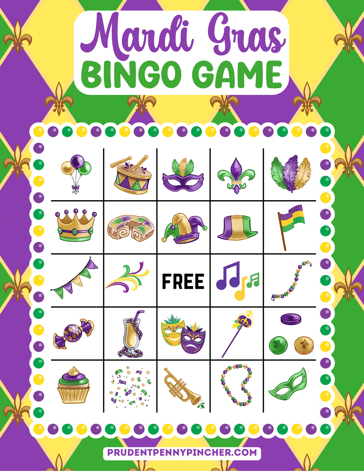 printable card on purple-green-gold diamond background.