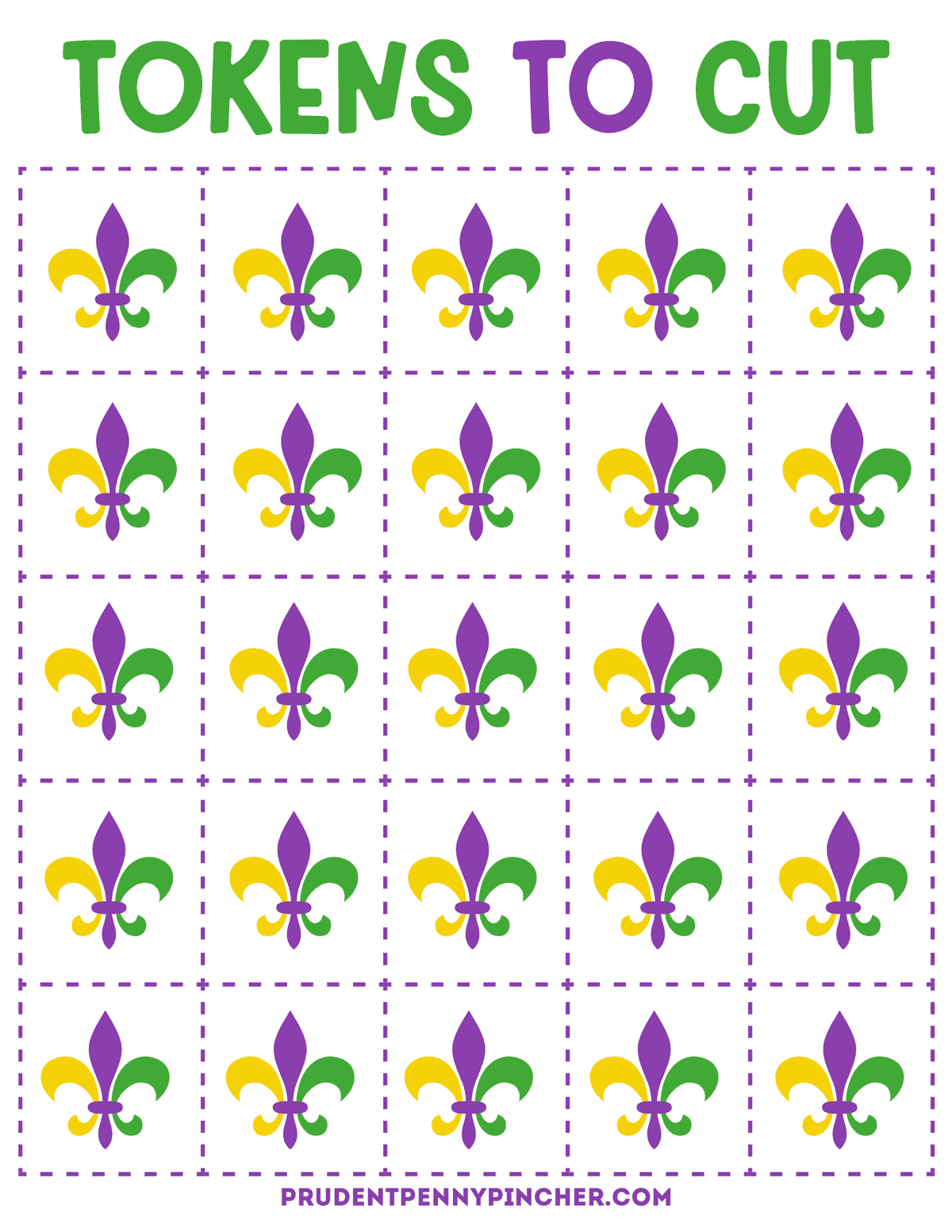 Tokens to cut sheet with rows of fleur-de-lis bingo markers inside dashed cut lines.