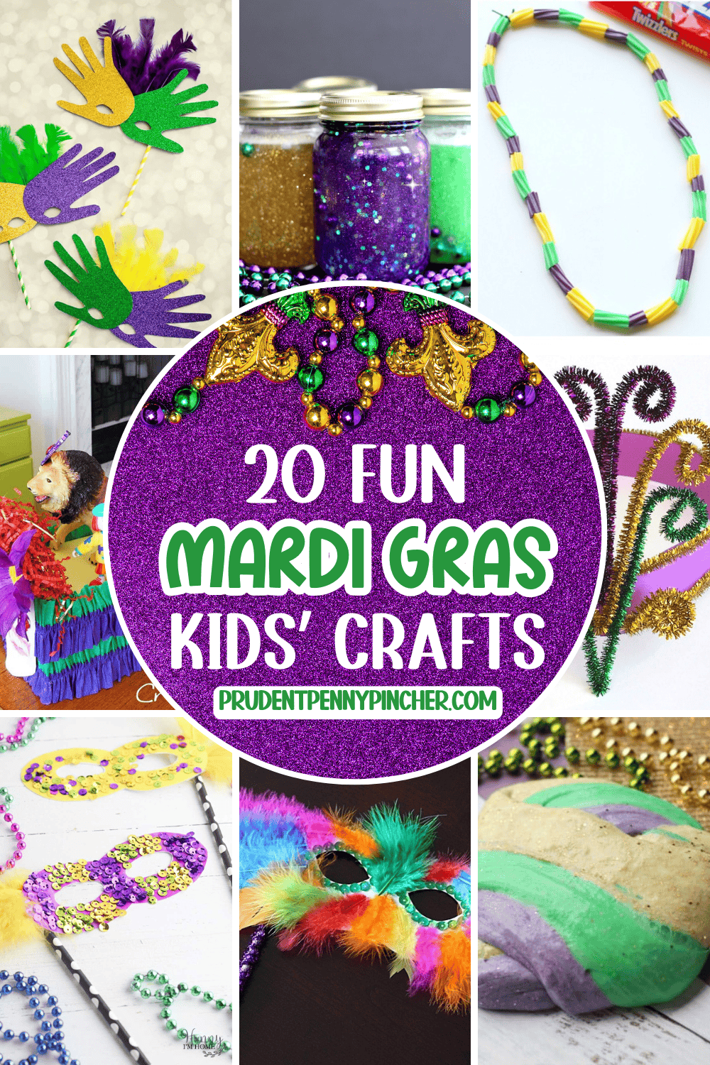 fun Mardi Gras kids’ crafts featuring colorful masks, glitter jars, bead necklaces, handprint masks, a mini parade float, pipe cleaner crown, sequin masks, and swirled purple, green, and gold slime.