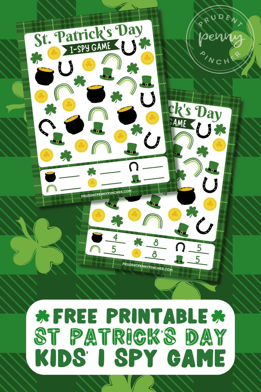 St. Patrick’s Day kids I spy game pages showing shamrocks, horseshoes, leprechaun hats, gold coins, pots of gold, and rainbows on a green plaid background.