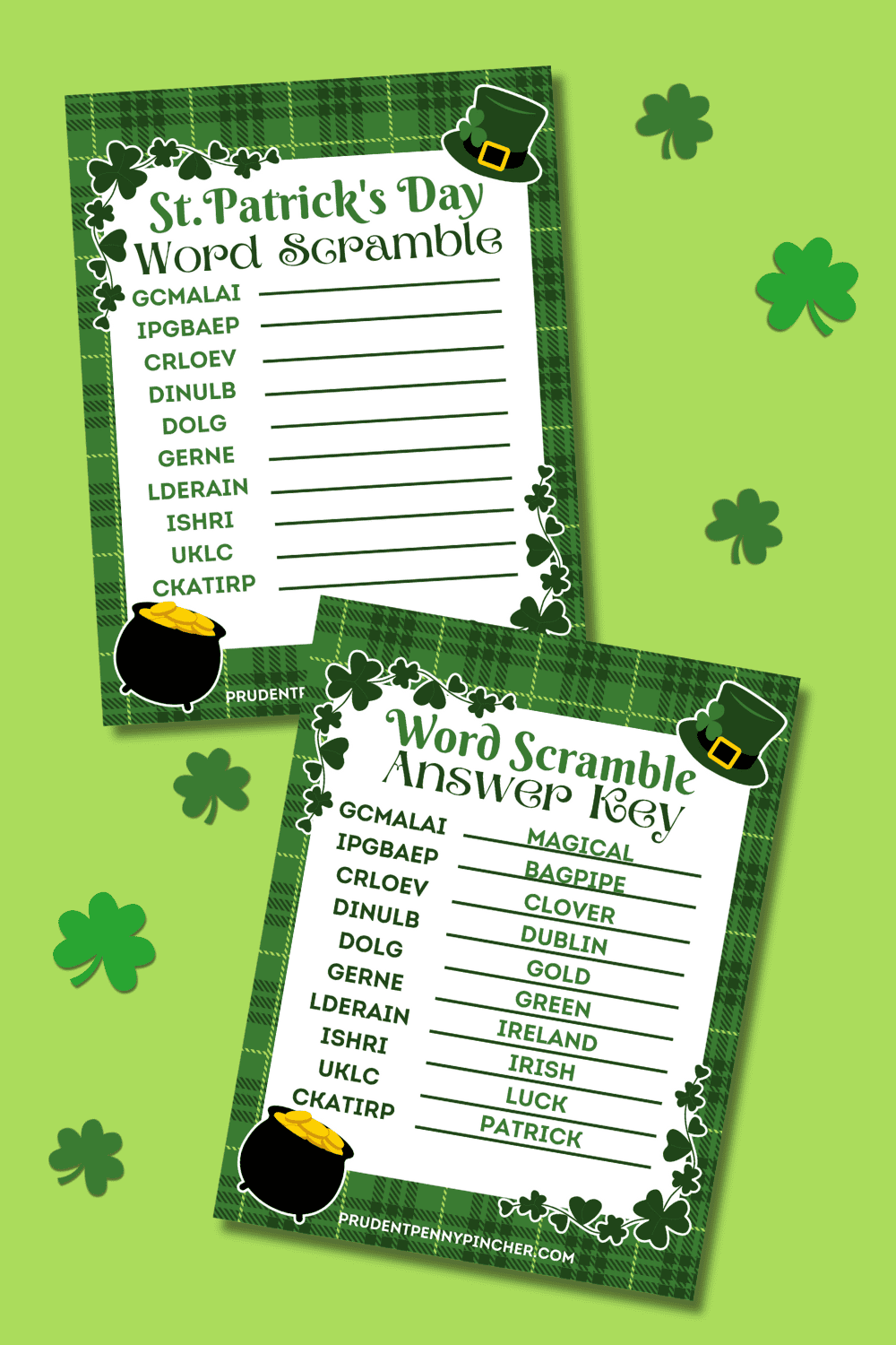 St. Patrick’s Day word scramble printable preview showing the puzzle sheet and answer key on a green clover background.