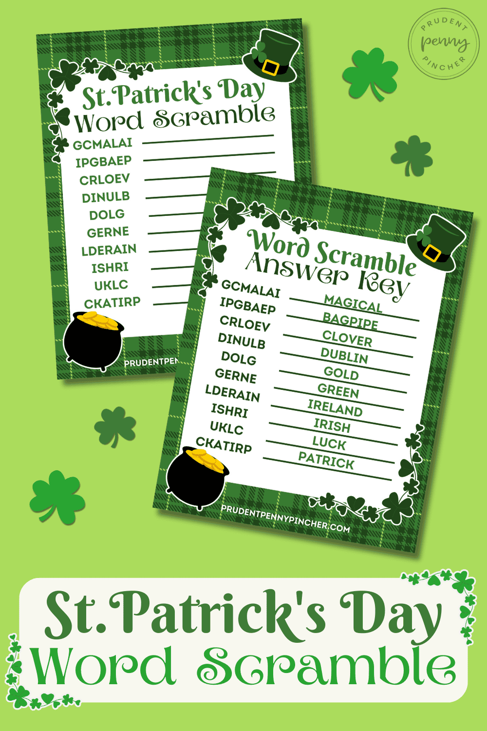 two pages of a St. Patrick’s Day word scramble printable and answer key with green plaid border, shamrocks, leprechaun hat, and pot of gold.