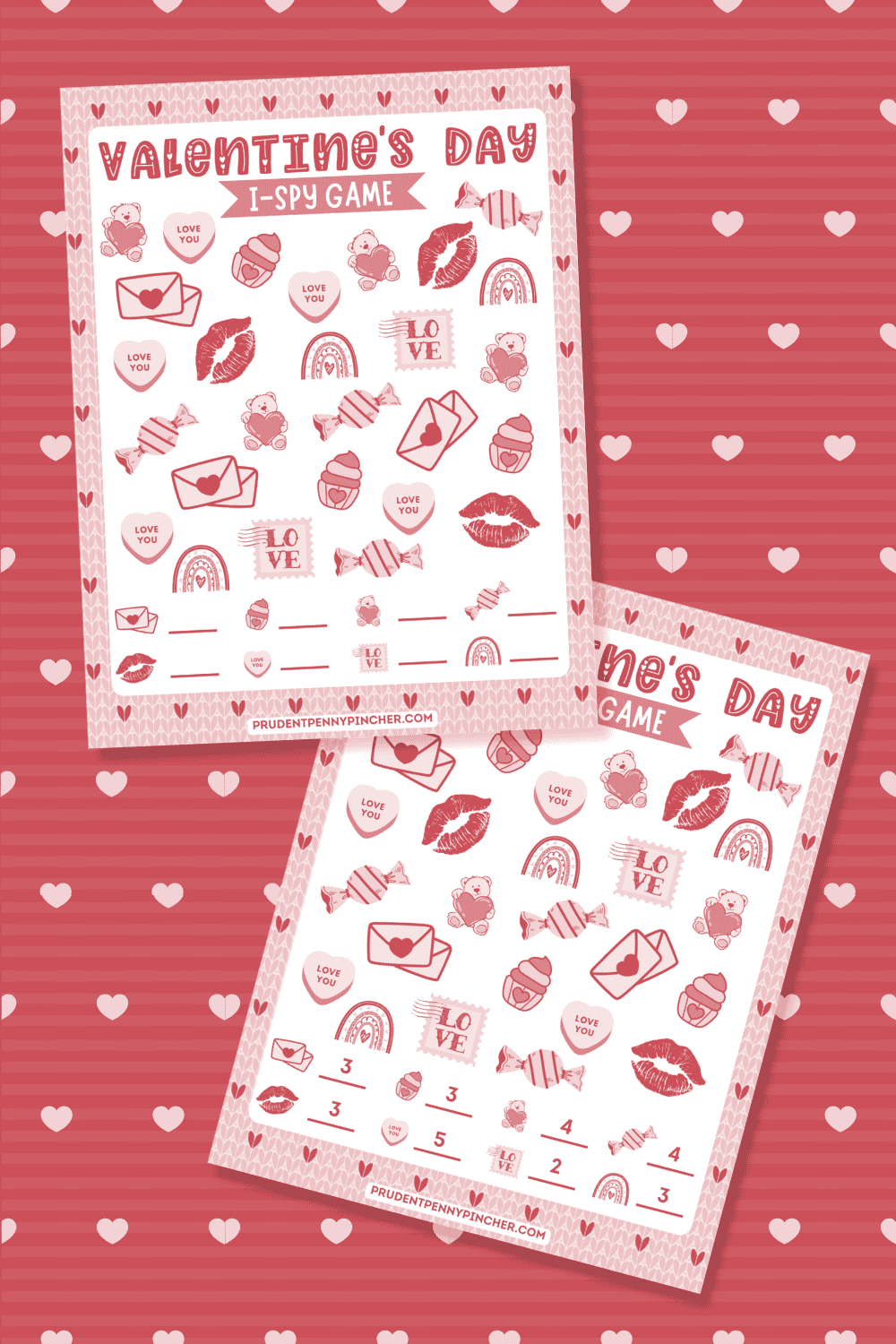 game and answer key on a red heart-pattern background.