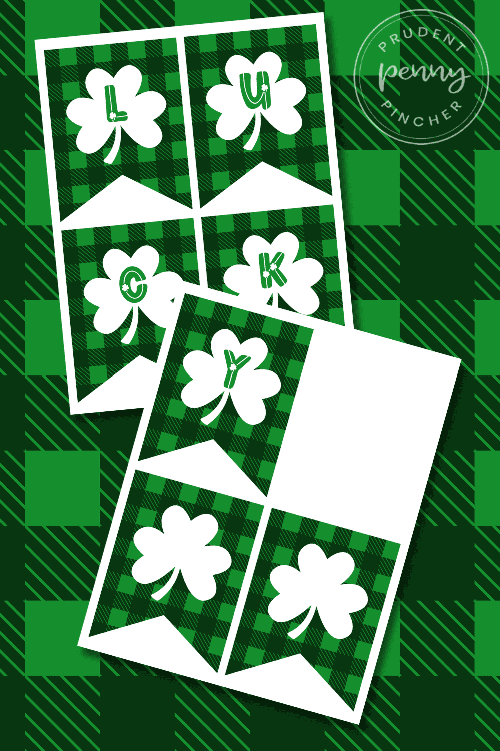 A green plaid graphic showing two overlapping printable “Lucky” banner sheets with shamrock pennant flags