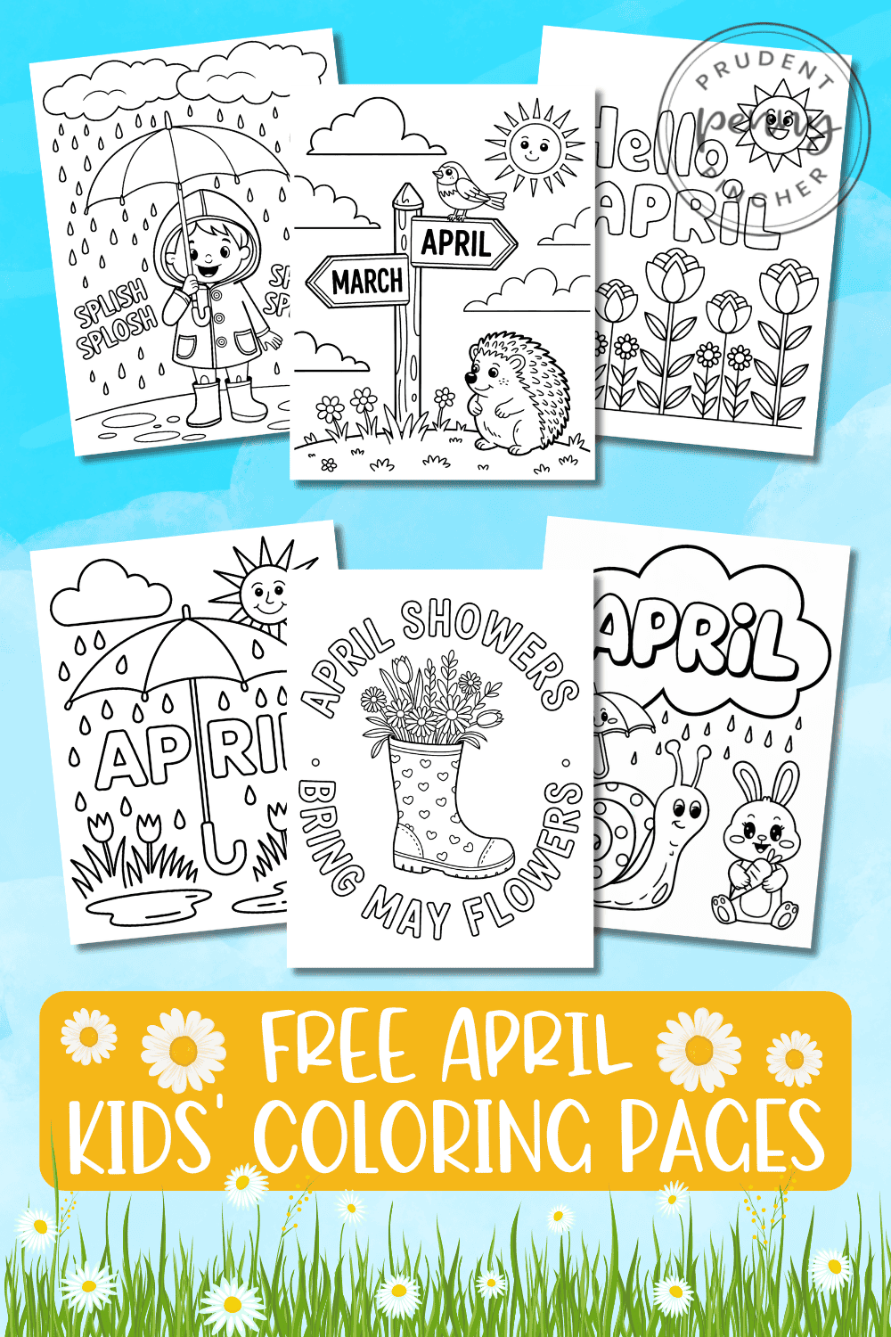 April Coloring Pages for Kids on a sky background with a flower bed on the bottom border.