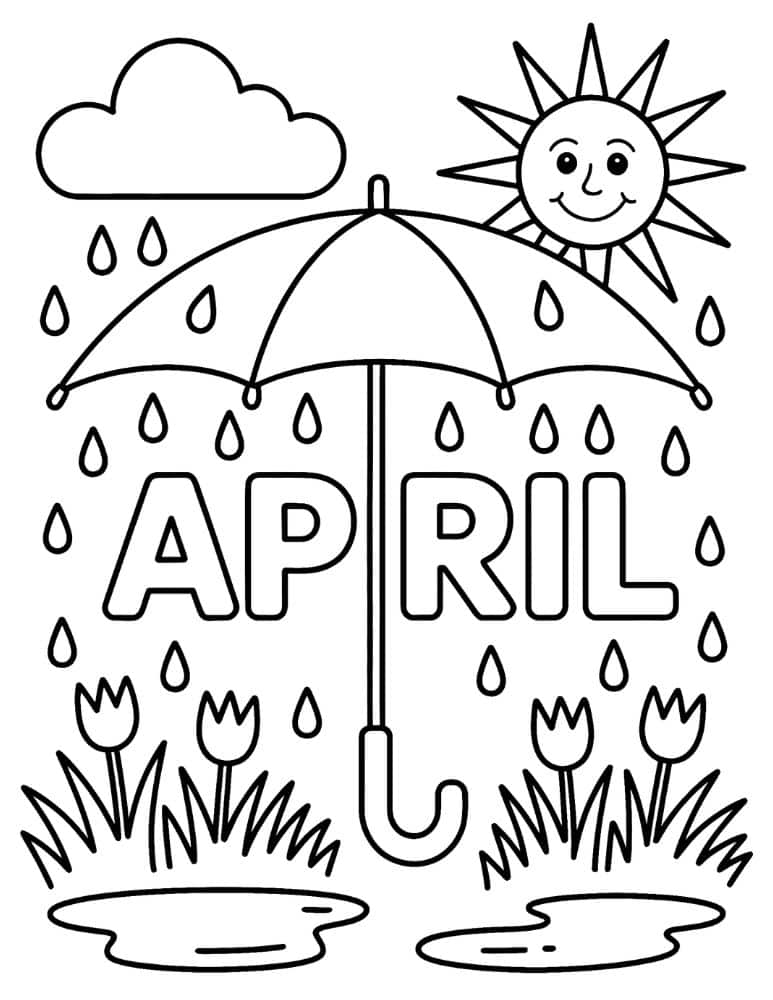 April umbrella with rain clouds coloring page