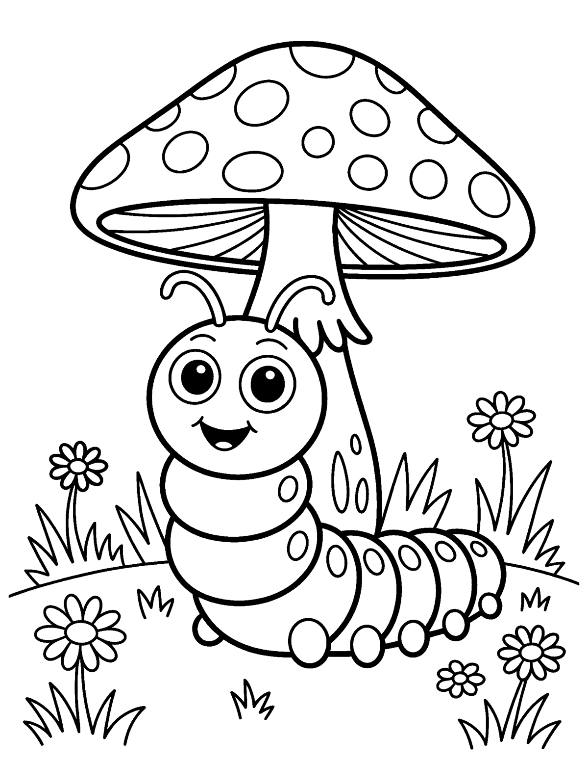 caterpillar under a giant spotted mushroom