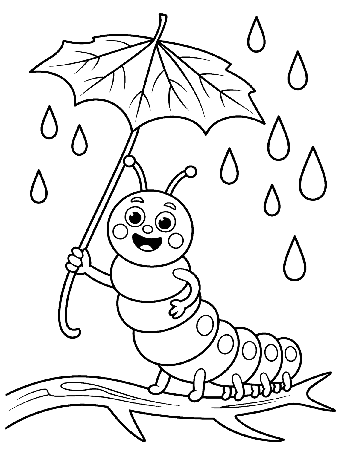 caterpillar holding a leaf umbrella while standing on a tree branch
