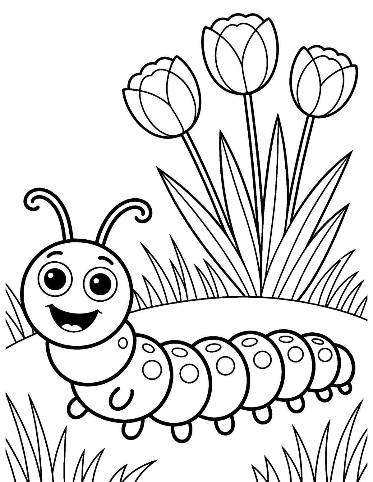 caterpillar with tulips and tall grass
