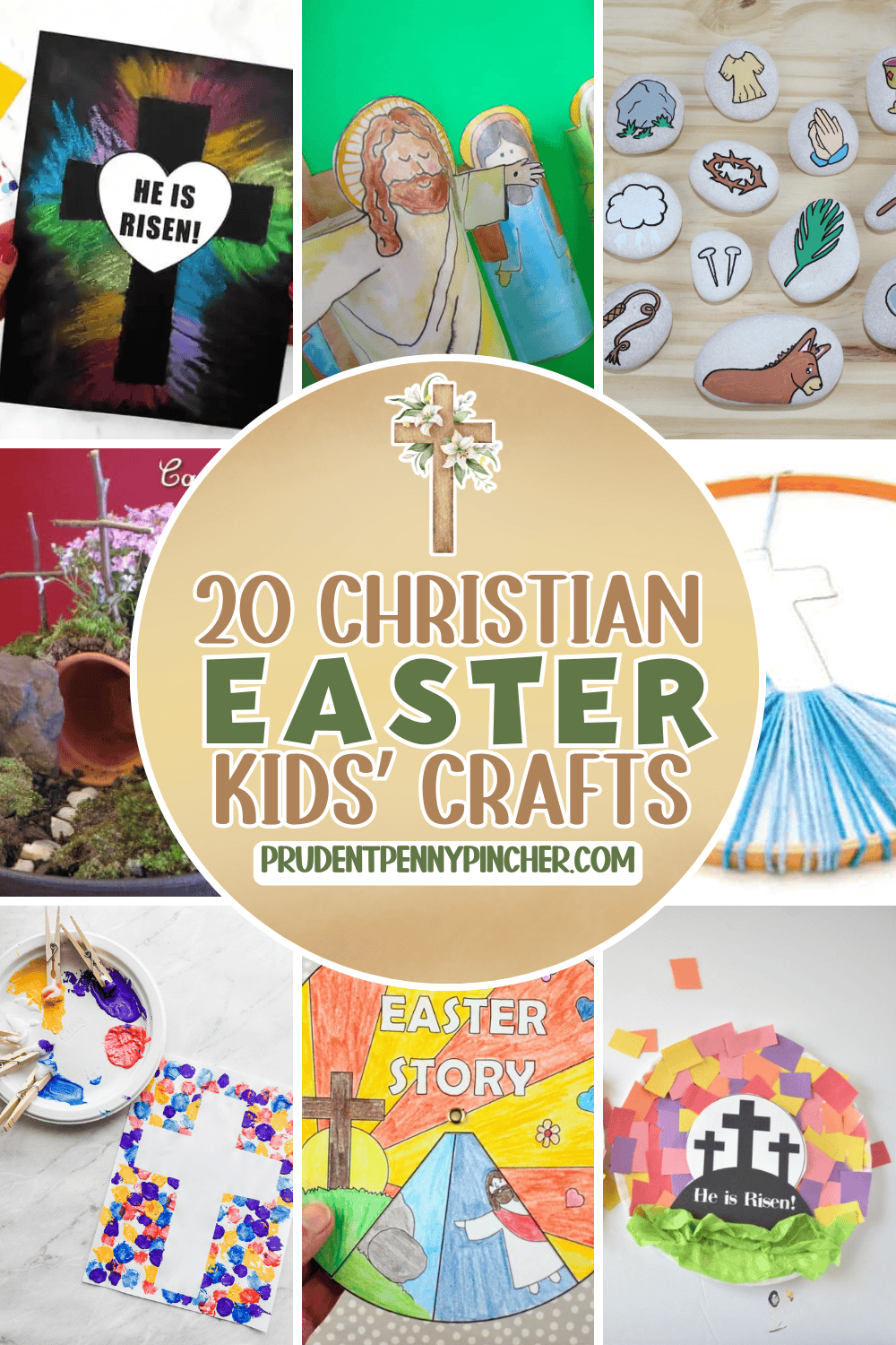 A collage of Christian Easter Crafts for kids of faith-based Easter crafts including cross art, a Jesus paper craft, painted story stones, a resurrection garden, and printable-style kids’ projects.
