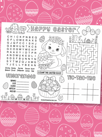 easter activity placemat on pink egg background