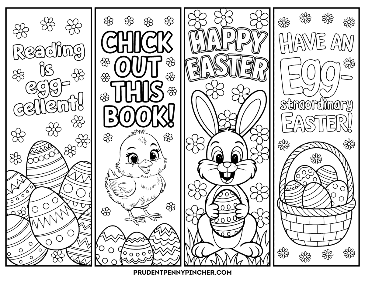 Easter eggs, a chick, a bunny holding an egg, and phrases