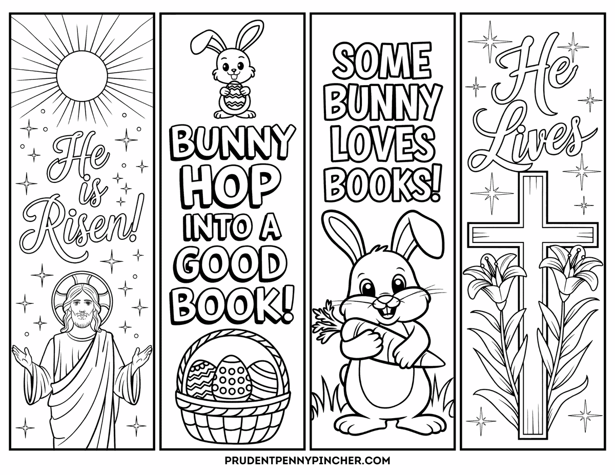 Christian and bunny-themed bookmark coloring pages featuring