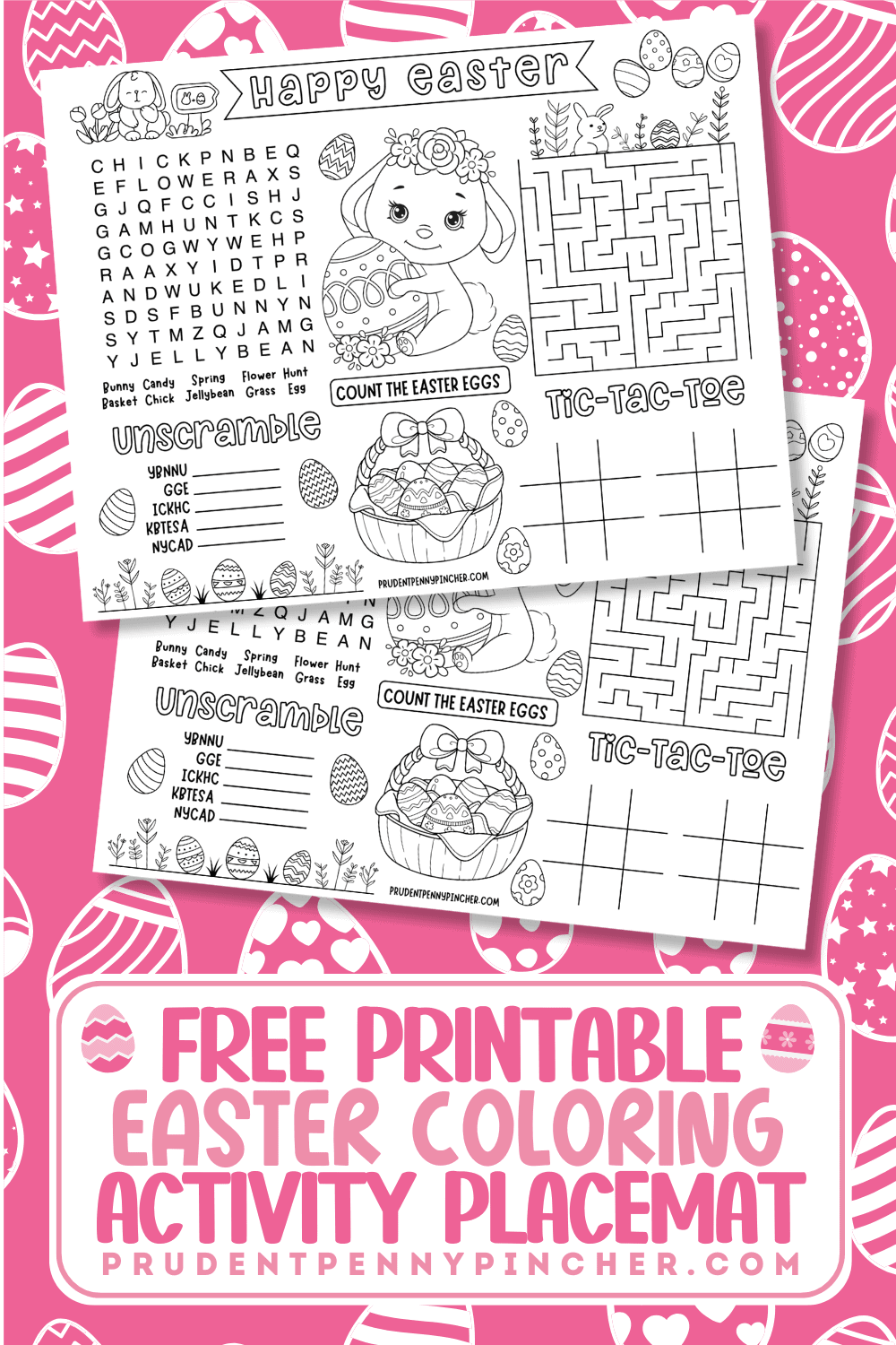 easter activity placemat pages on pink and white easter egg background.