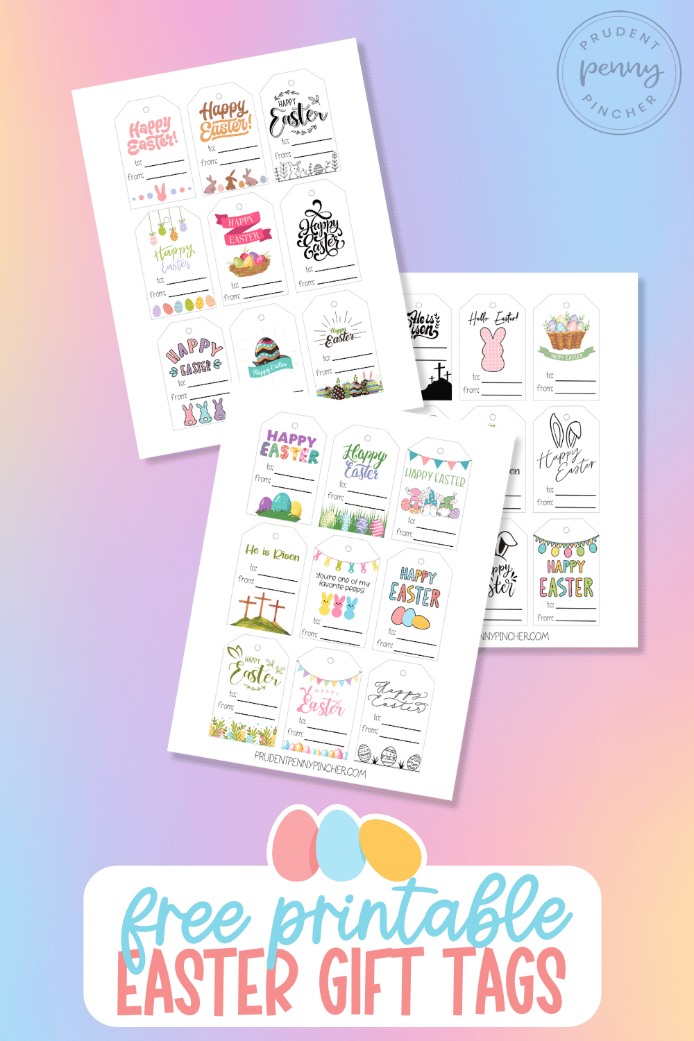 three pages of free printable Easter gift tags on a pastel gradient background.