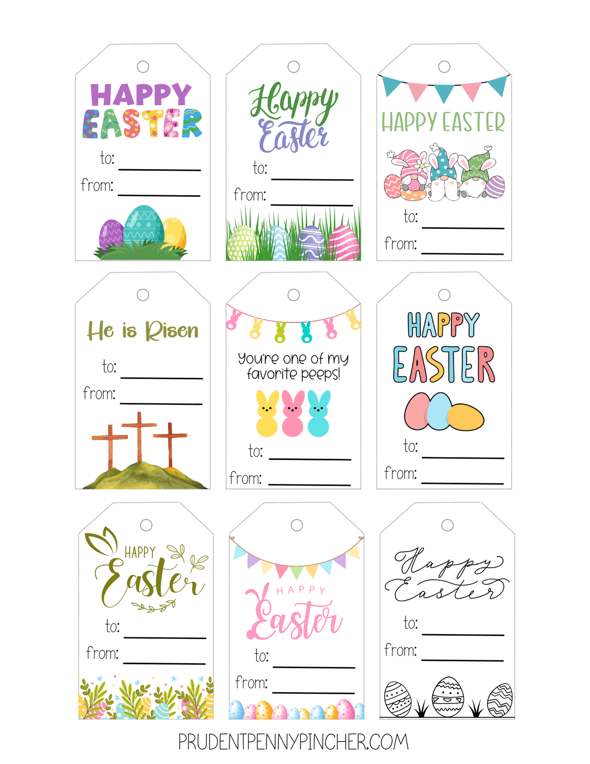 Printable Easter gift tags sheet with colorful Happy Easter, He is Risen, eggs, gnomes, peeps, and floral designs.