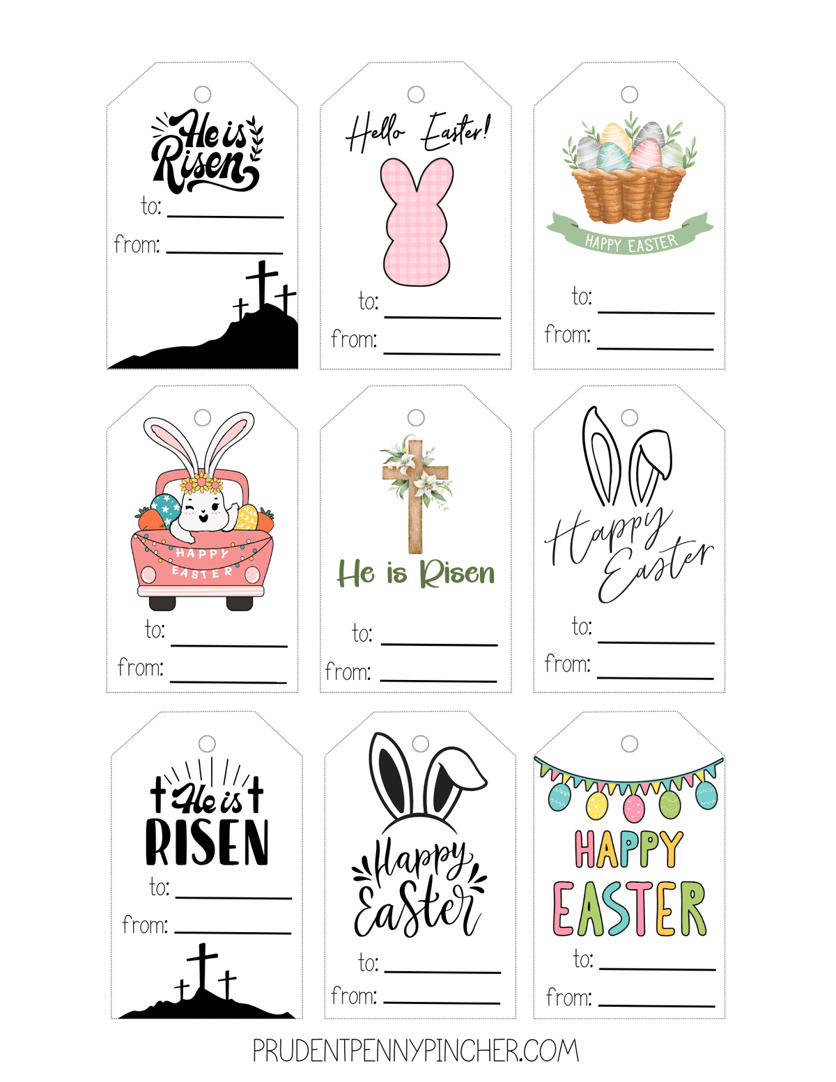 Mix of religious and cute Easter tags featuring He is Risen crosses, bunny silhouette, egg basket, bunny truck, and pastel string lights