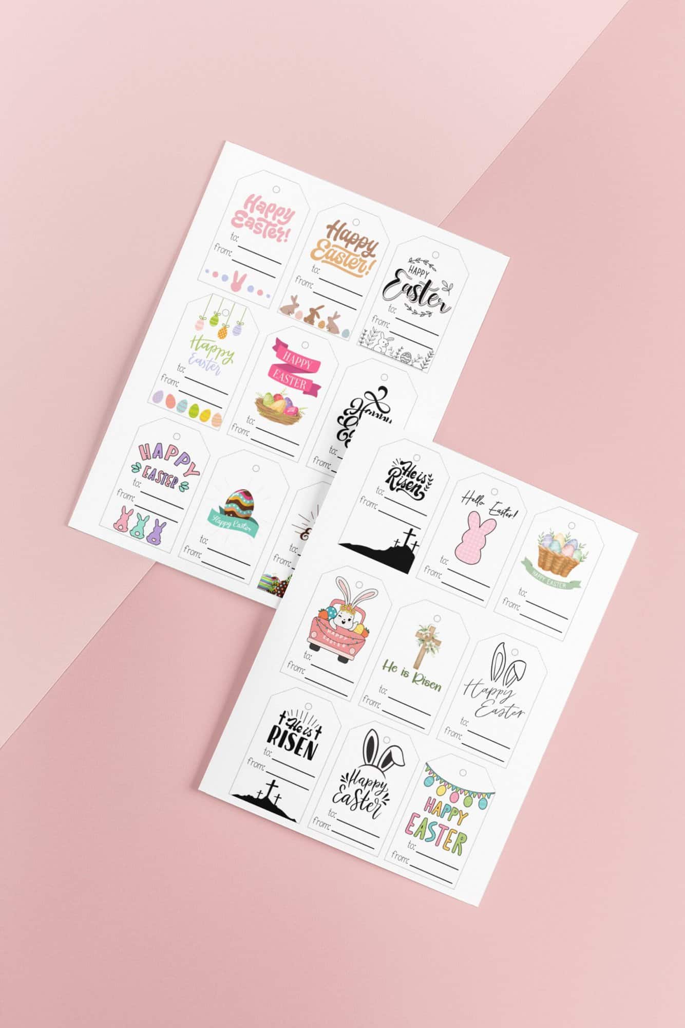 Photo of two printed tags on a soft pink background.