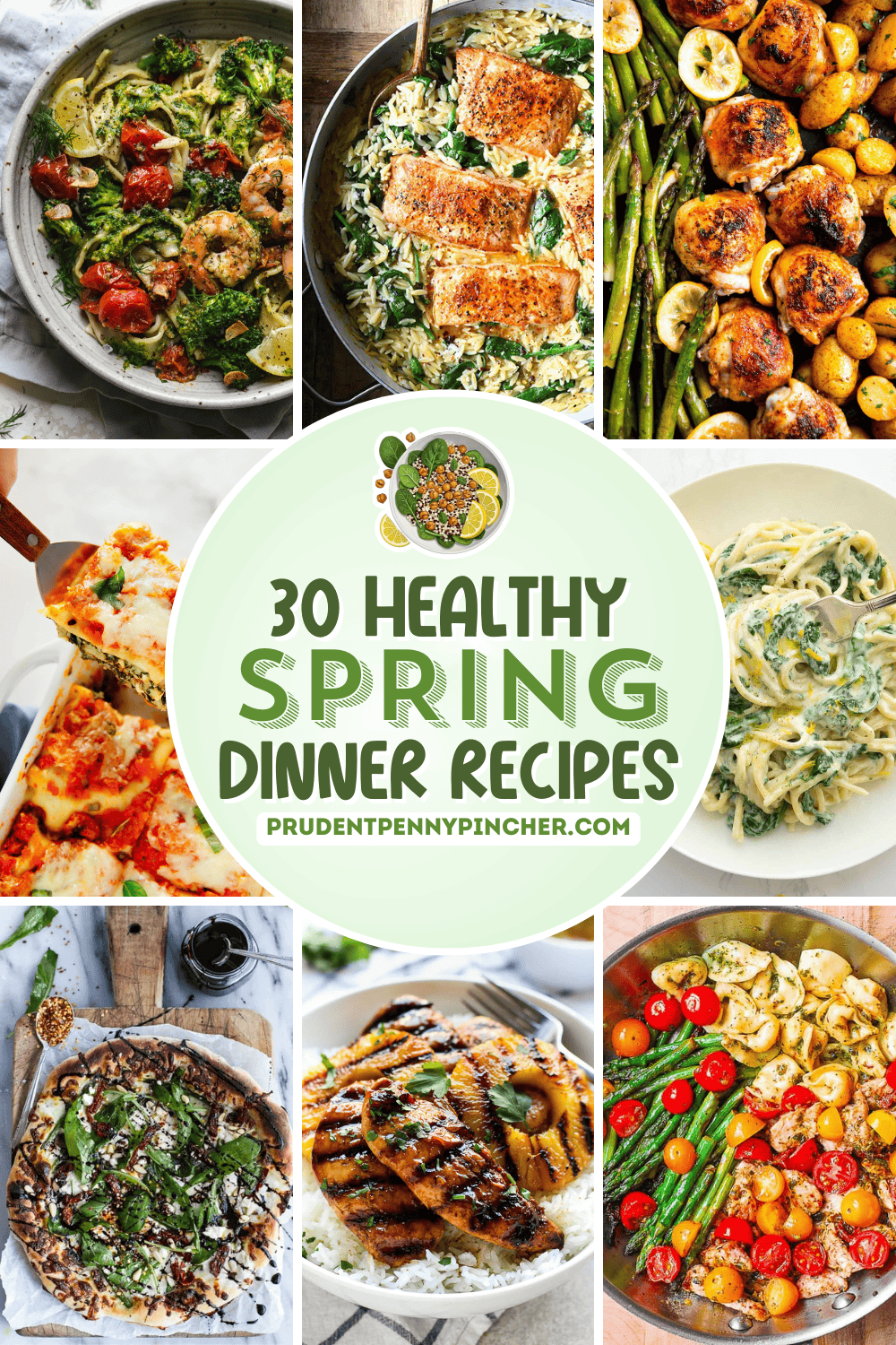 A collage of eight spring dinner photos including pasta, salmon with orzo, chicken with asparagus, and skillet meals with vegetables.