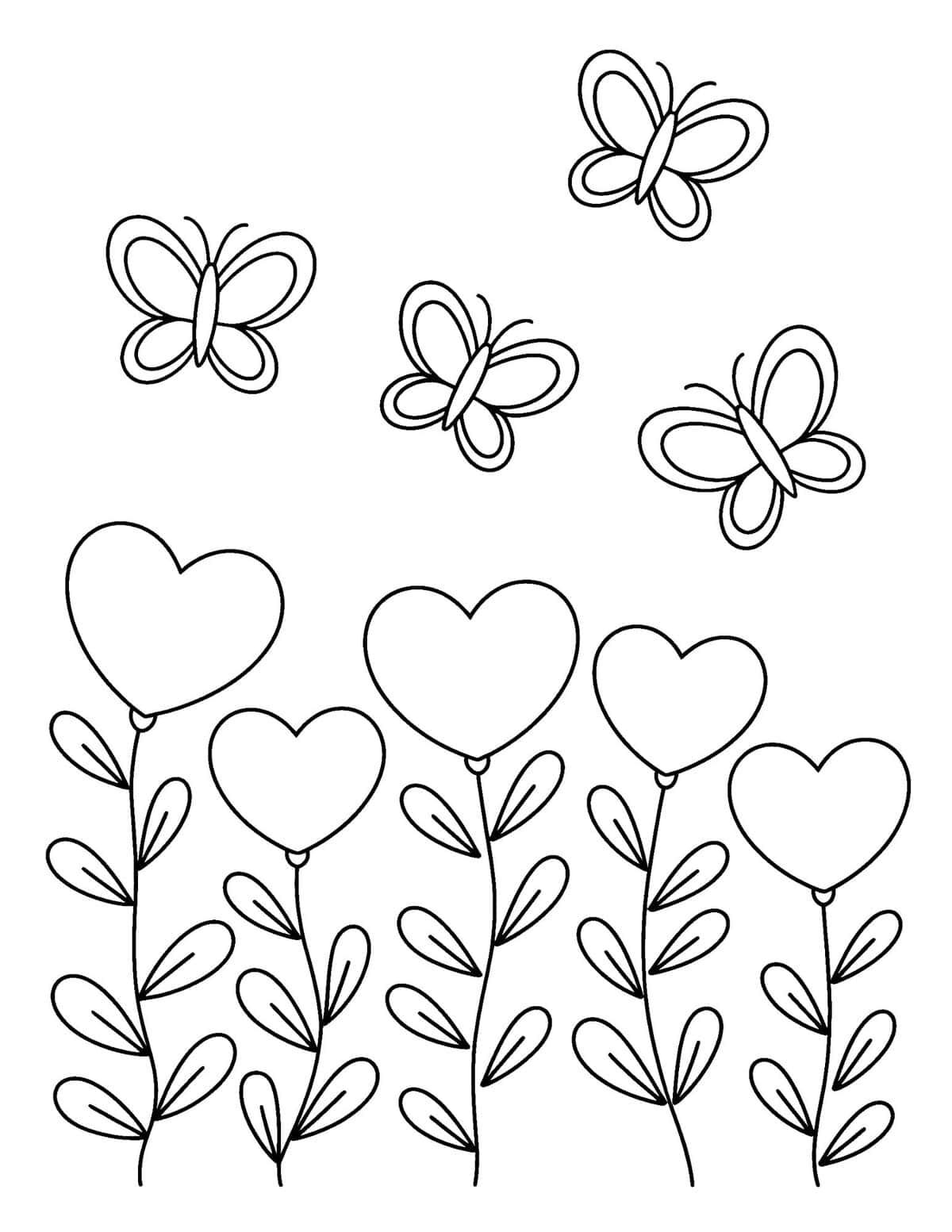 heart-shaped flowers with leafy stems and butterflies flying above