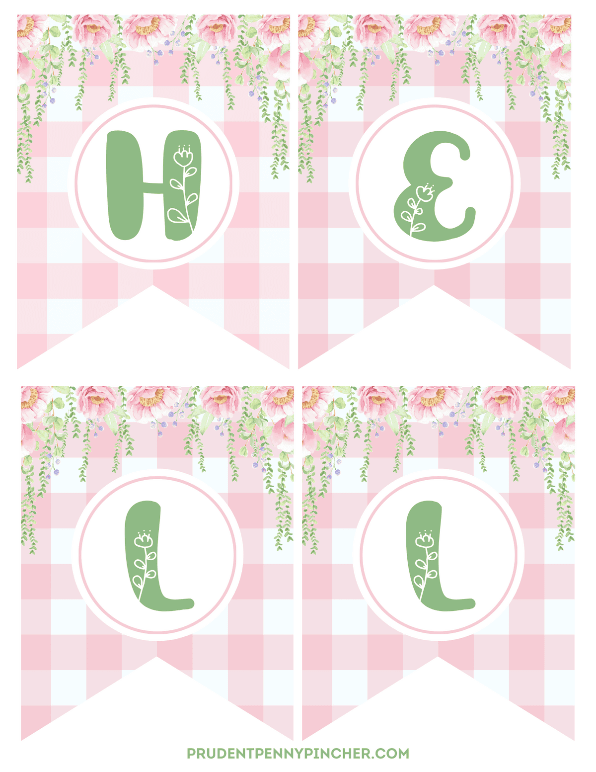 Printable spring banner page with four pennants on a pink and white gingham background, featuring green letters H, E, L, and L.
