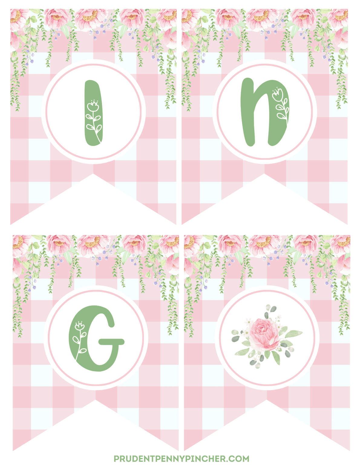 I, N, and G plus one floral bonus pennant with a pink rose.