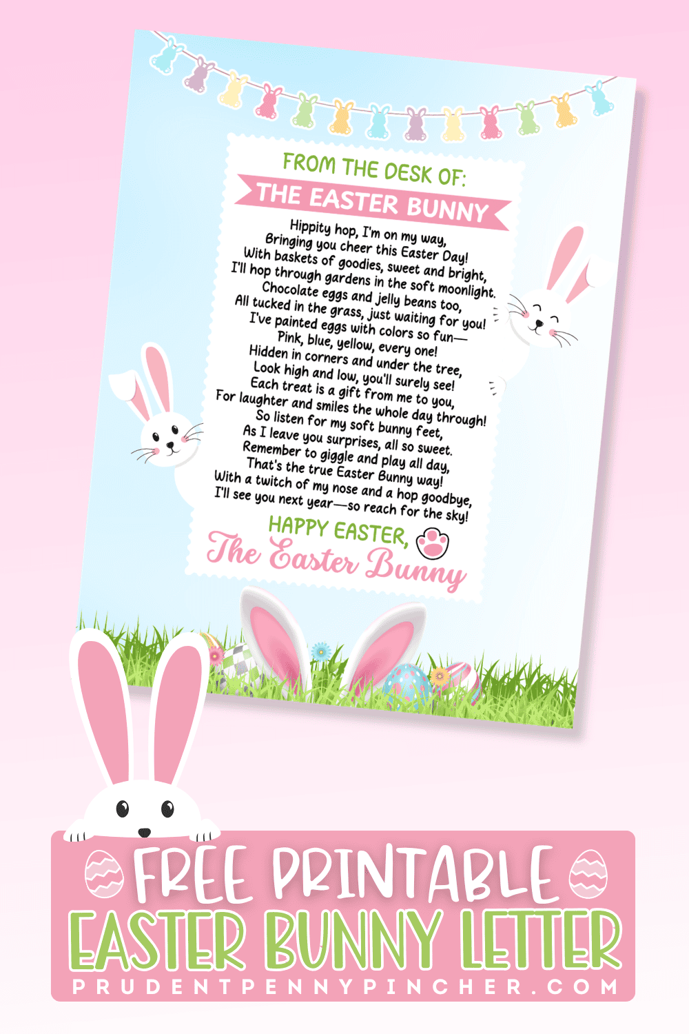 free printable Easter Bunny note on a pink gradient background