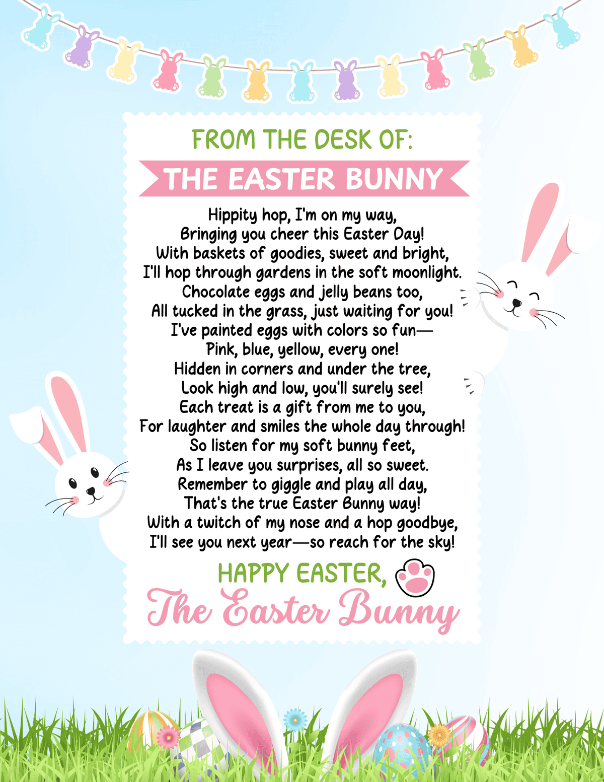 Printable letter from the Easter Bunny with a rhyming Easter poem, bunny garland, smiling rabbits, and decorated Easter eggs.