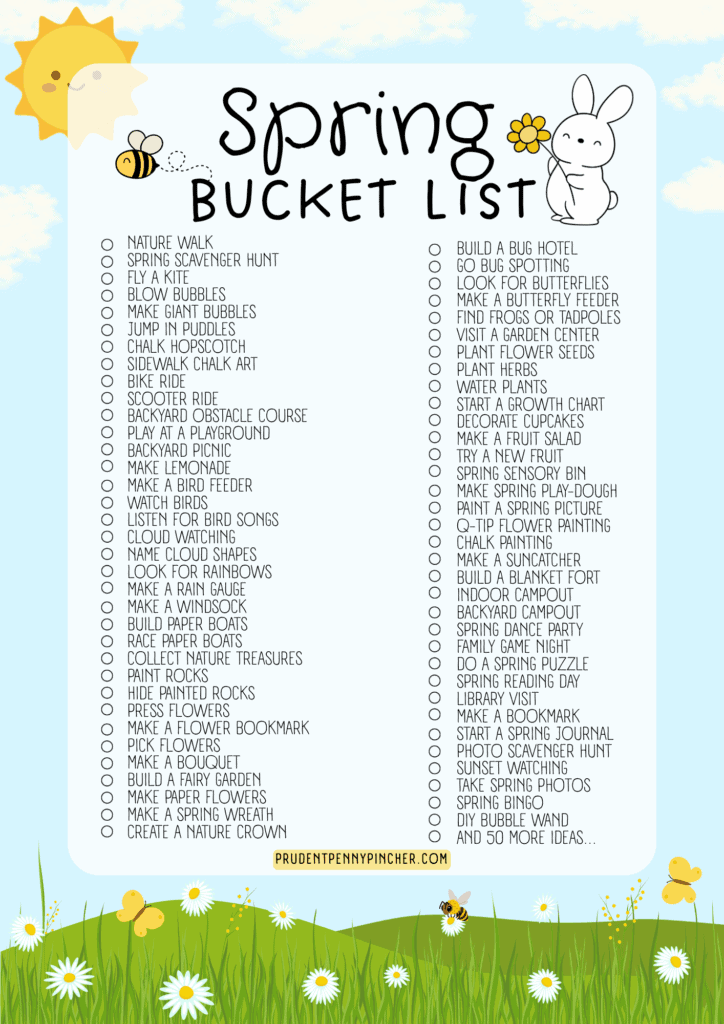 List Kids Spring Free Printable Spring Bucket List for Kids - Prudent Penny Pincher