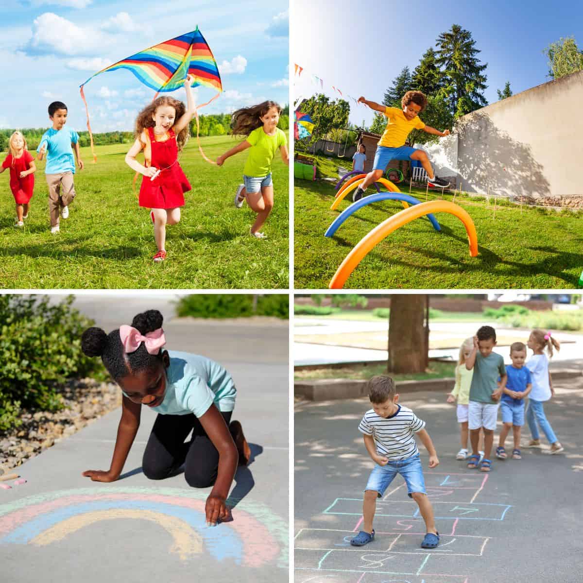 Kids flying a rainbow kite, jumping a backyard obstacle course, drawing sidewalk chalk art, and playing hopscotch.