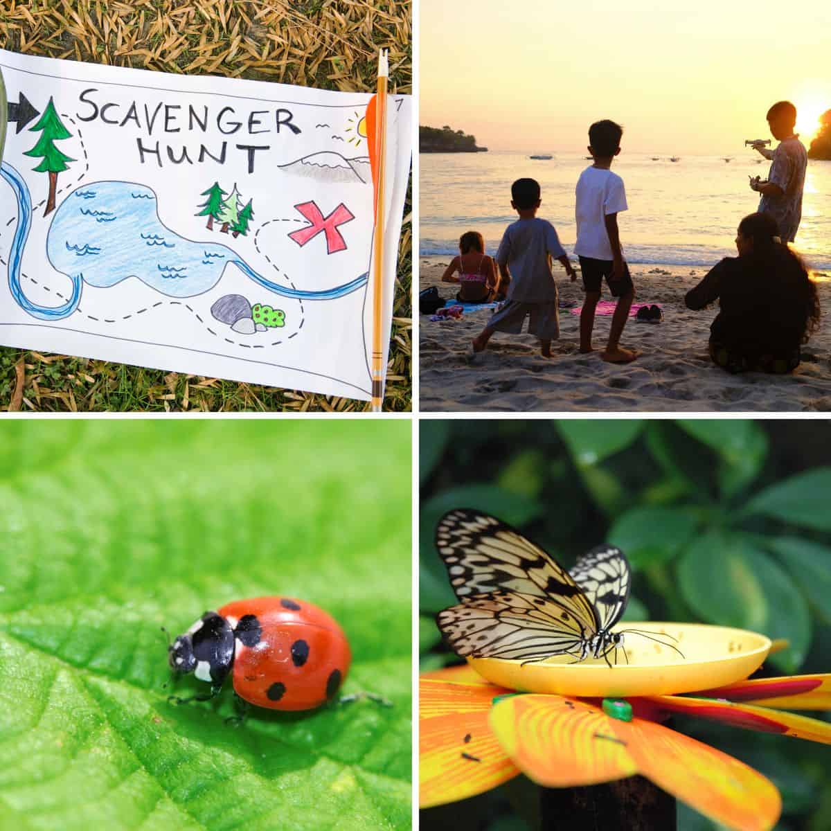Hand-drawn spring scavenger hunt map on grass, family watching the sunset at the beach, ladybug on a green leaf, and butterfly at a feeder.