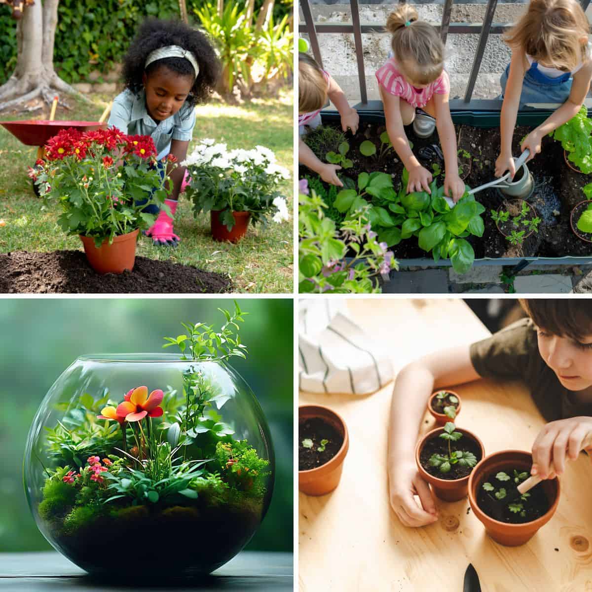 Kids planting flowers and herbs, watering a garden bed, making a glass terrarium, and planting seedlings in small pots indoors.