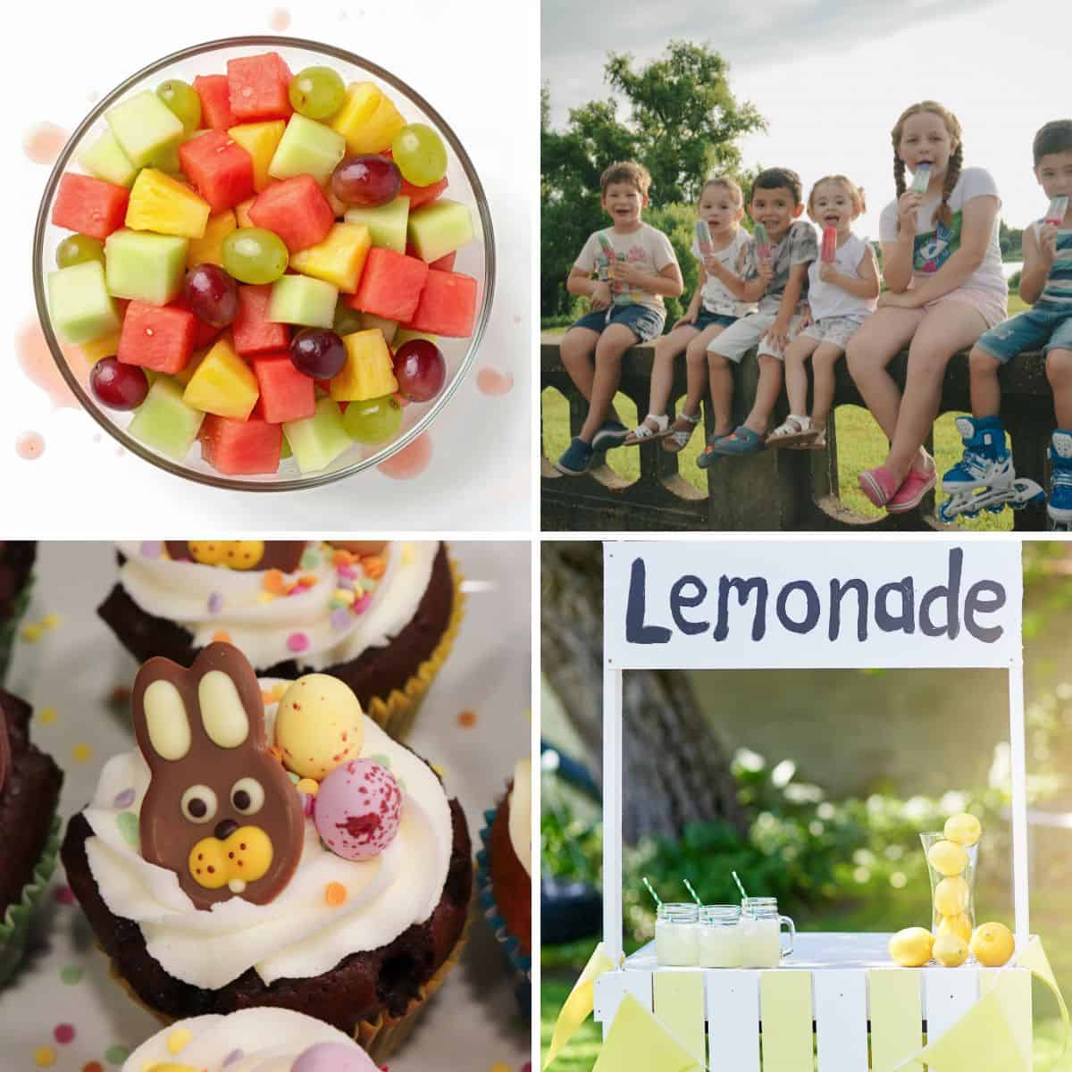 Bowl of mixed fruit salad, kids eating popsicles outdoors, Easter cupcakes with bunny topper, and a homemade lemonade stand.