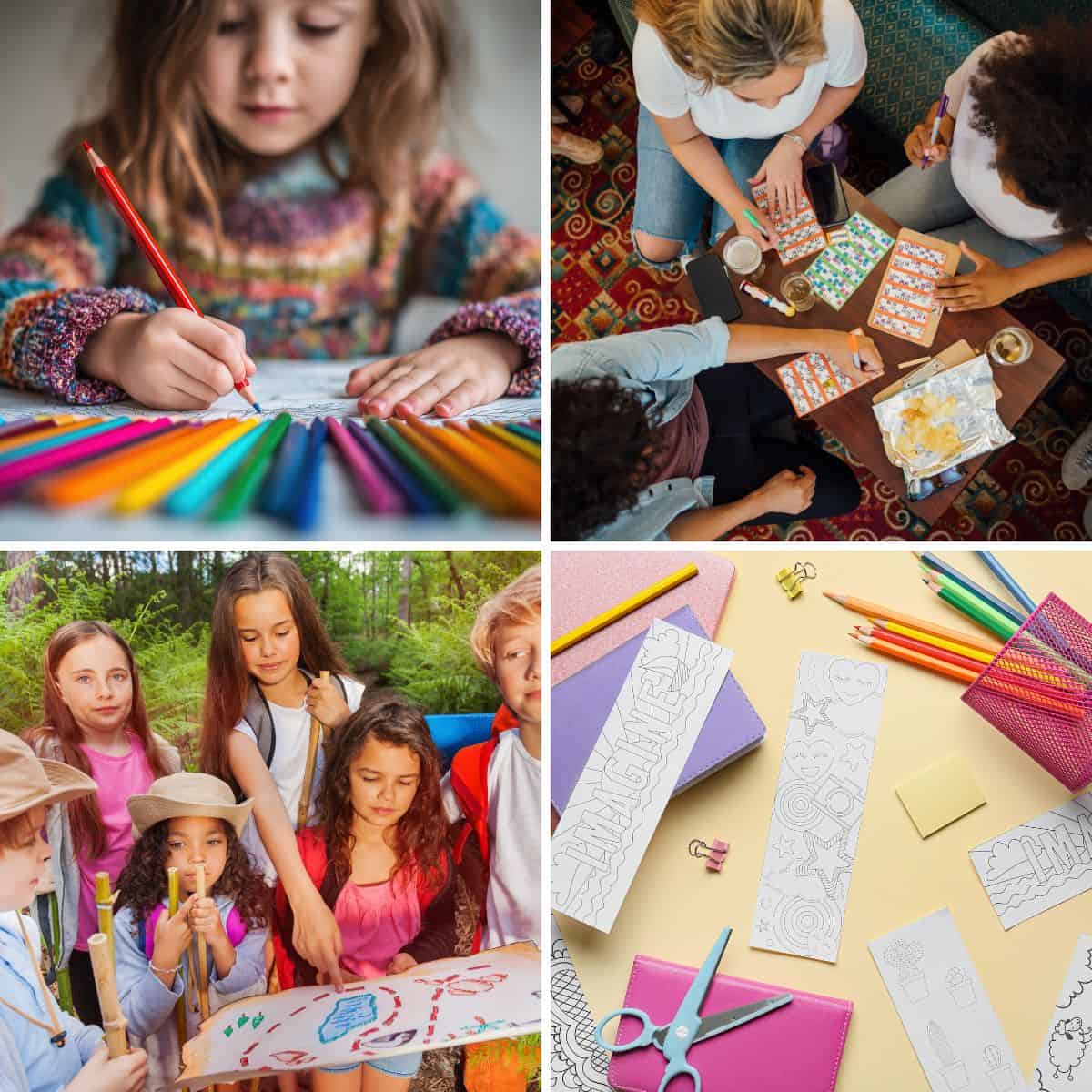Child making a spring journal, group playing bingo at a table, kids holding a scavenger hunt map, and printable bookmarks with scissors and art supplies.