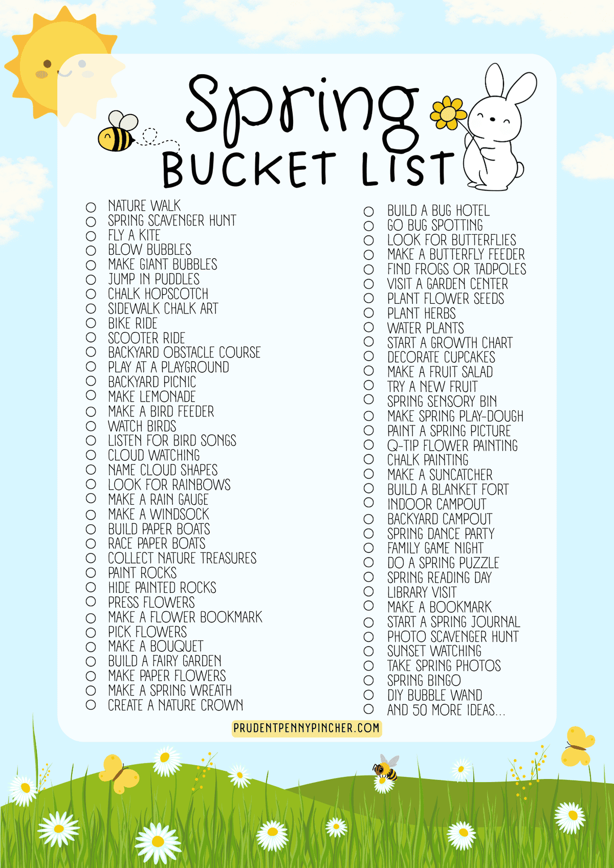 Spring bucket list printable checklist with the heading “Spring Bucket List,” two columns of kid-friendly activities with check circles, a bunny holding a flower, a flying bee, a smiling sun in the corner, and a grassy field with daisies along the bottom.