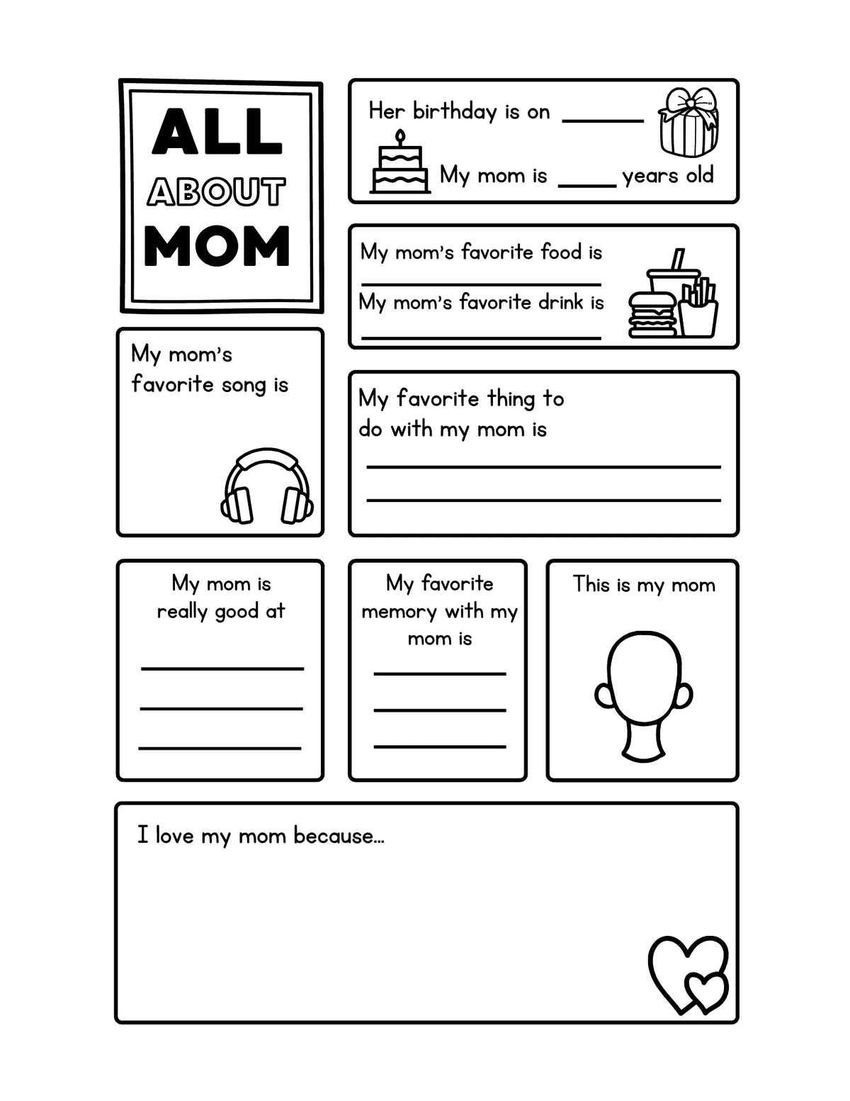 All About Mom worksheet with favorite food, favorite song, memory, and drawing prompts.
